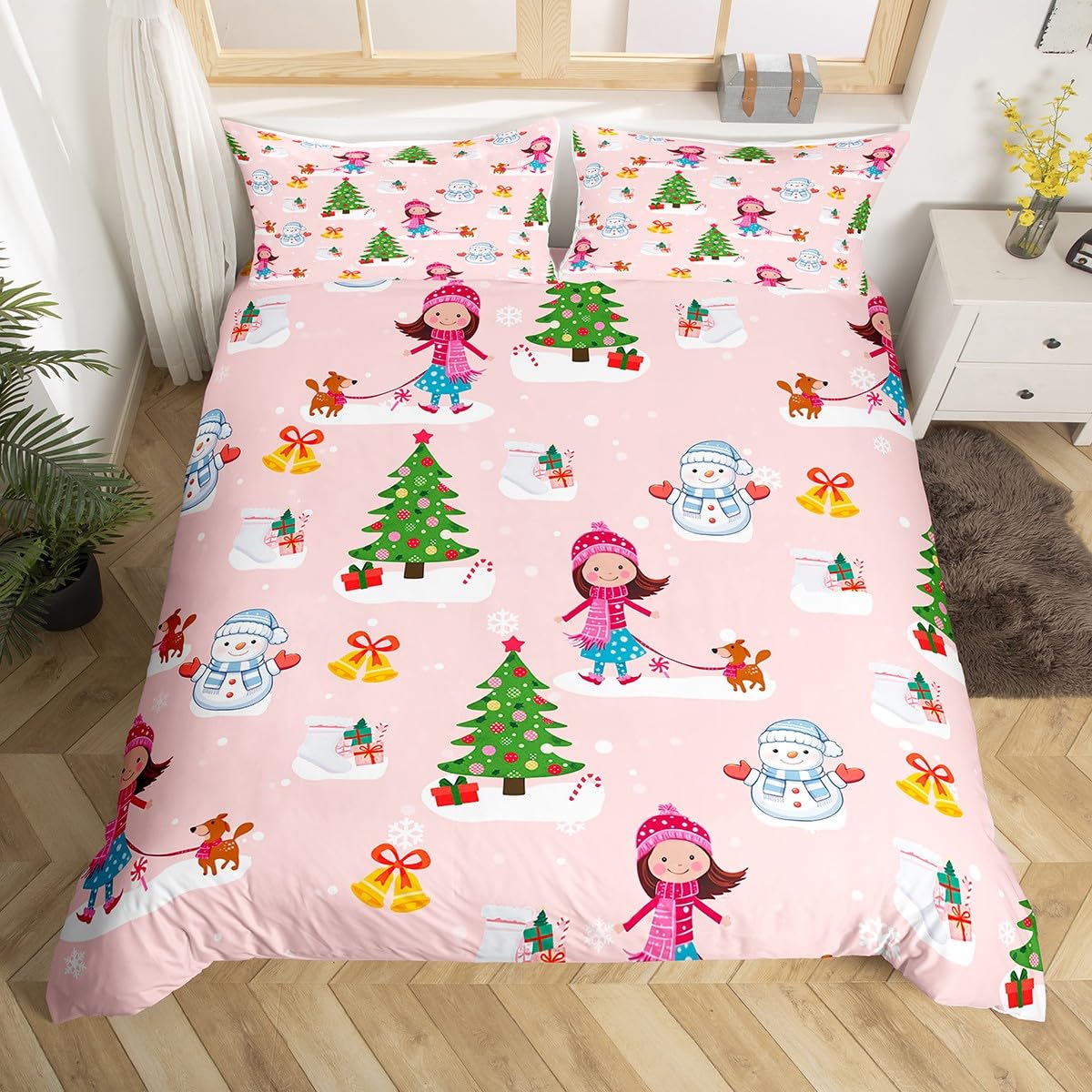 Homemissing Christmas Tree Duvet Cover Set Cot Size For Kids Adults Girls Teens Xmas Snowman Dog Bedding Set Merry Christmas Duvet Cover with 1 Pillowcase Xmas Theme Bed Sets - Image 3