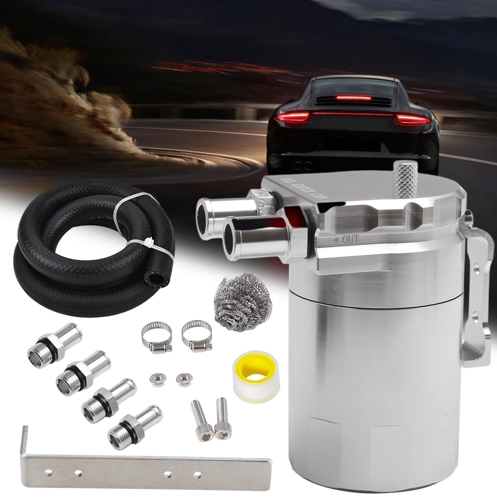 Oil Catch Can Kit Aluminum Reservoir Tank 400ml 3/8" NBR Fuel Line Silver