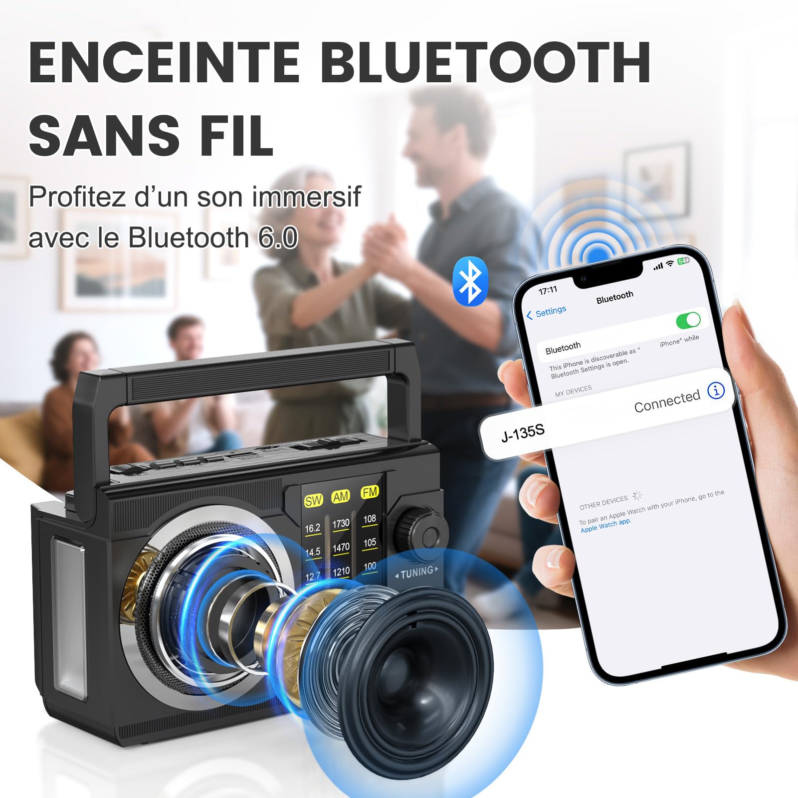 PRUNUS J-135 AM/FM Poste Radio Portable Rechargeable avec 1800 mAh, Secteur et Pile, Transistor Radio Bluetooth 6.0, Poignée de Transport Rabattable, Essentiel à la Survie, pour Camping, Chambre