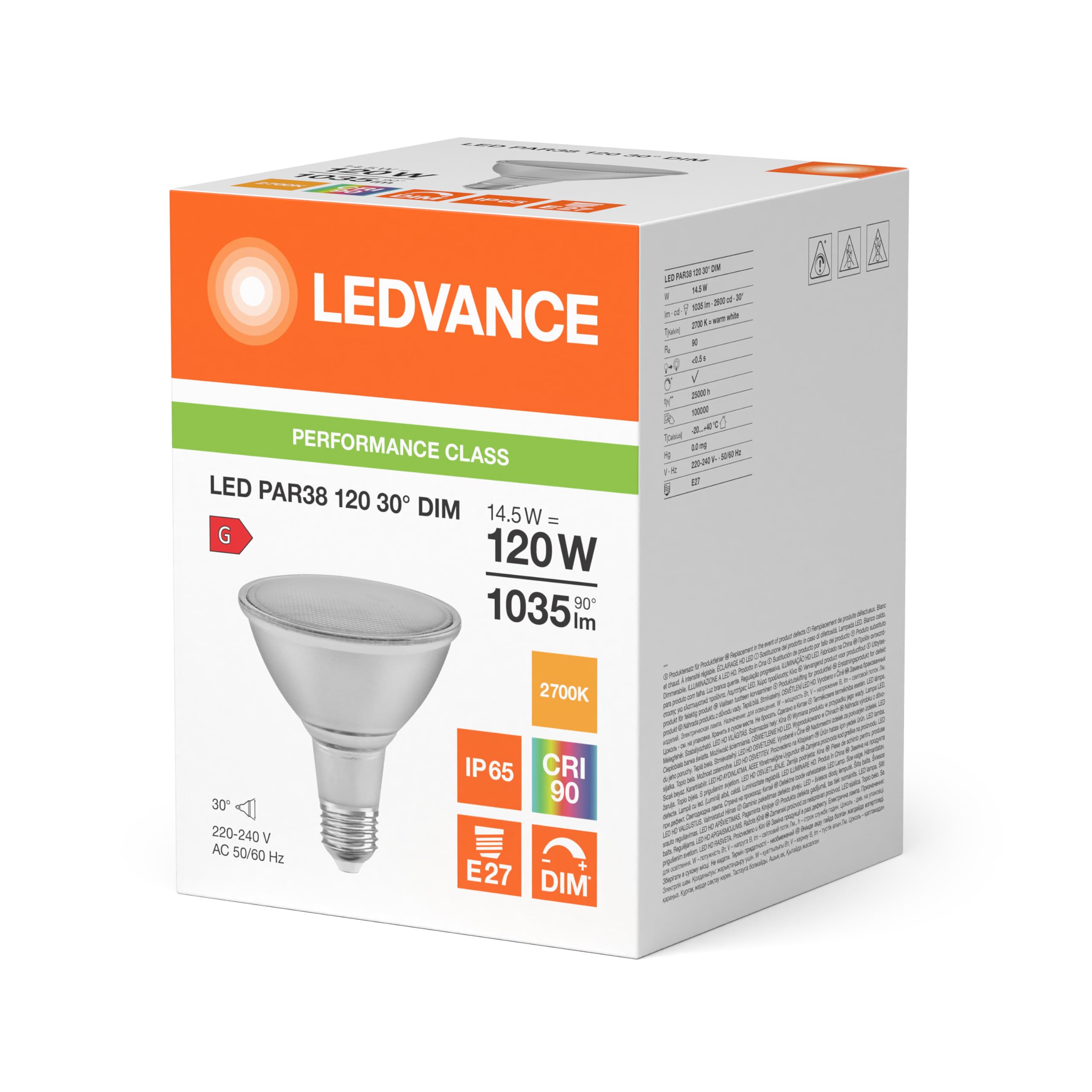 LEDVANCE 6x LED PAR38 Reflektorlampe, Warmweiß, 14,5W, E27, Dimmbar, 1035 lm, 30° Abstrahlwinkel, 120W Ersatz, 220-240V 6er SPARPACK