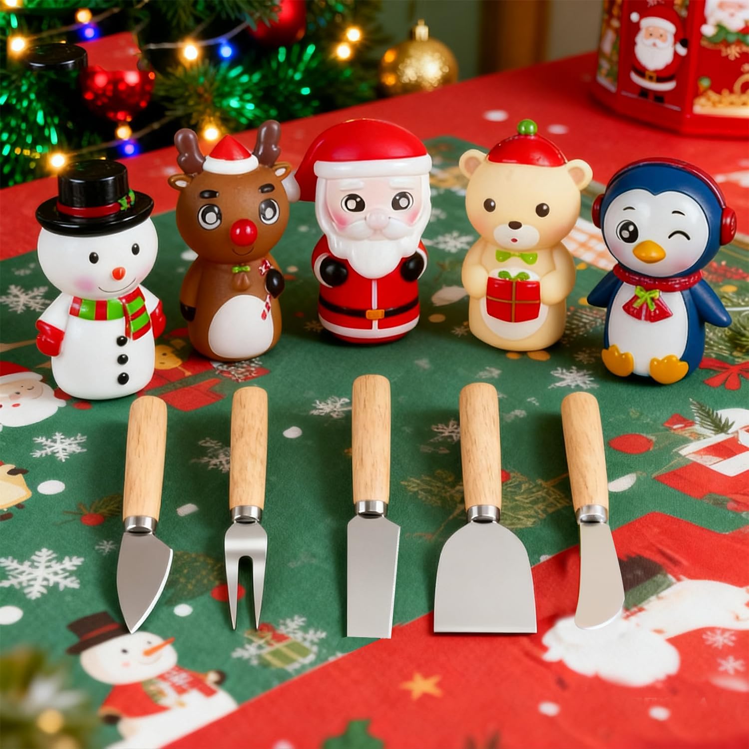 Linwnil Christmas Cheese Spreaders Set of 5 - Festive Silicone Sleeves, Wooden Handles, Gift Box - Perfect for Cream Cheese, Butter, Jam, Charcuterie Boards