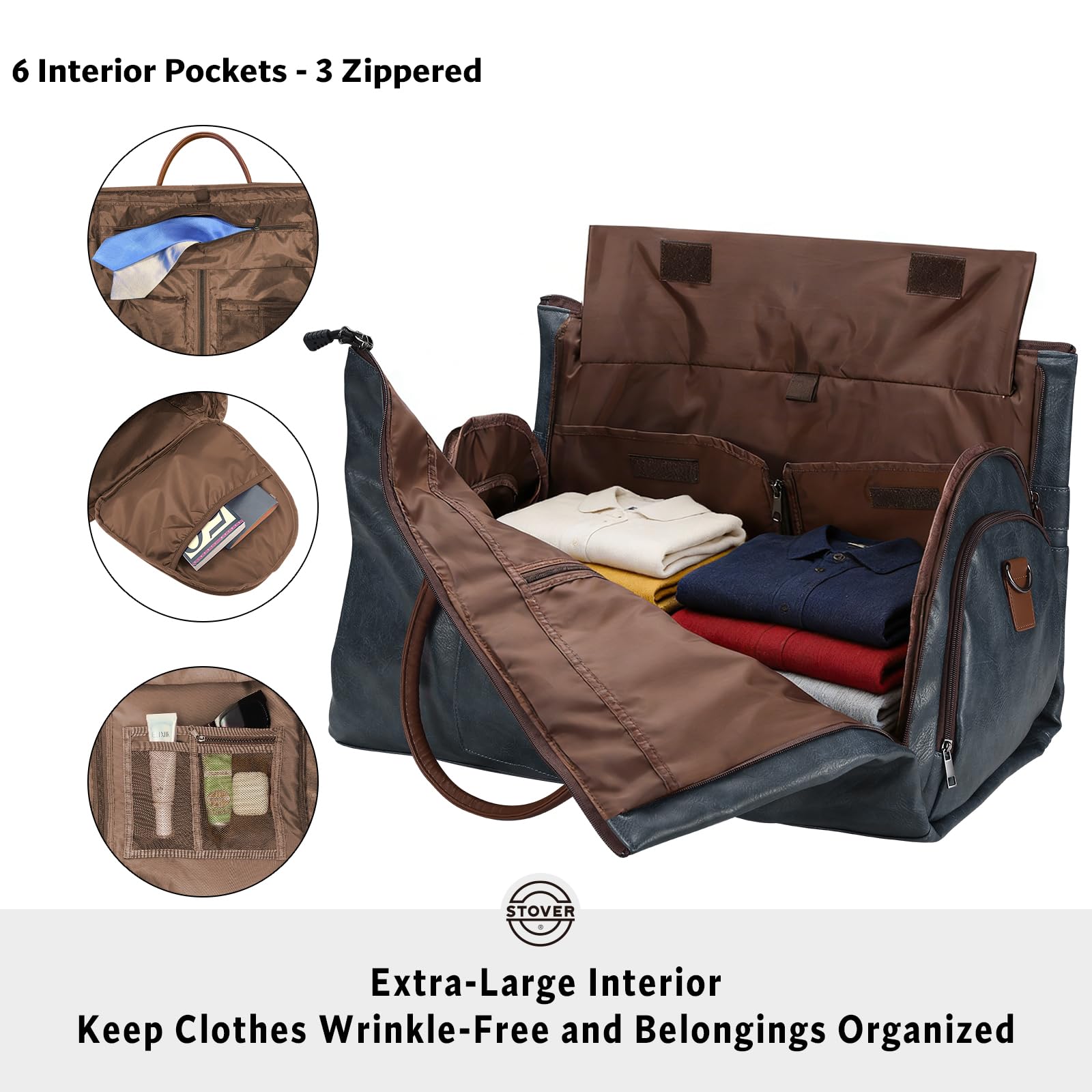 STOVER Garment - Bolsa de viaje grande 2 en 1, equipaje de mano convertible para hombres y mujeres, trajes colgantes, vestidos y ropa + compartimento para zapatos, bolsa de fin de semana (cuero azul),