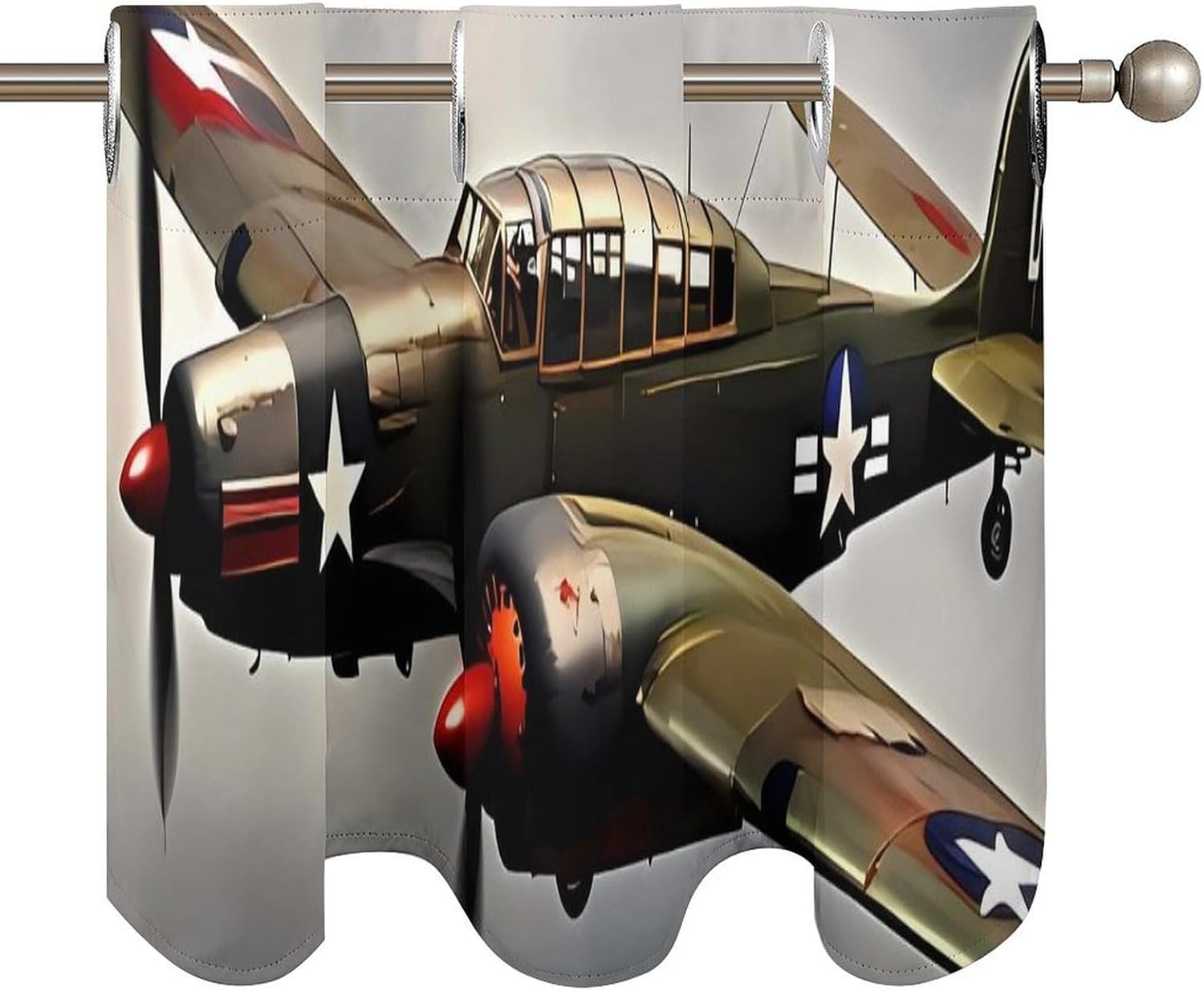 World War 2 Aircraft Airplane Valance for Windows, 2 Pack Kitchen Curtains Modern Home Decor, Soft Blackout Window Curtains for Living Room & Bedroom, 18 X 52 Inch