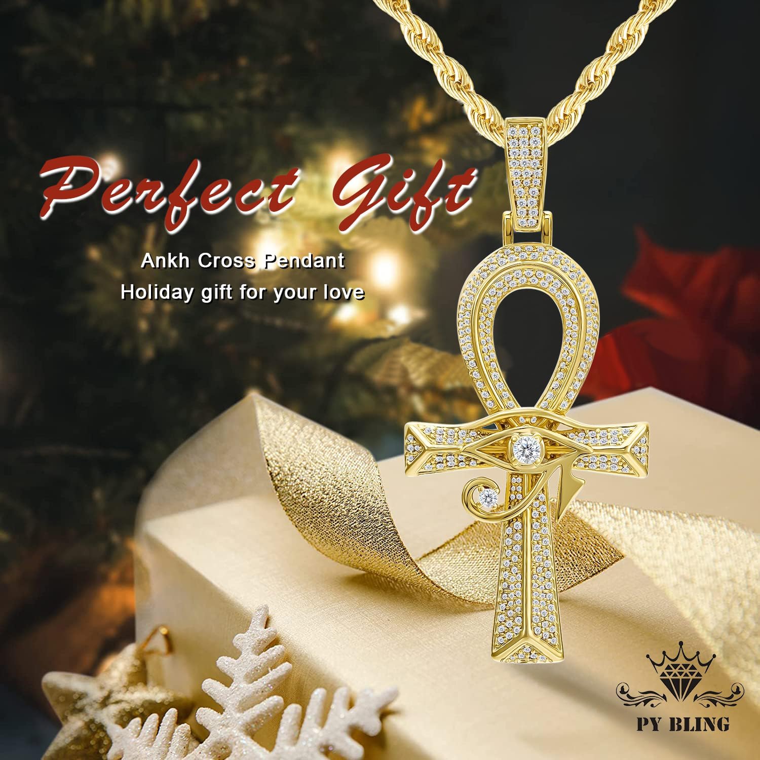 Iced Out Eye of Horus Ankh Cross Pendant Ancient Egyptian Necklace Chain 14K Gold White Gold Plated Protection Jewelry for Men Women with Stainless Rope Chain - Image 3