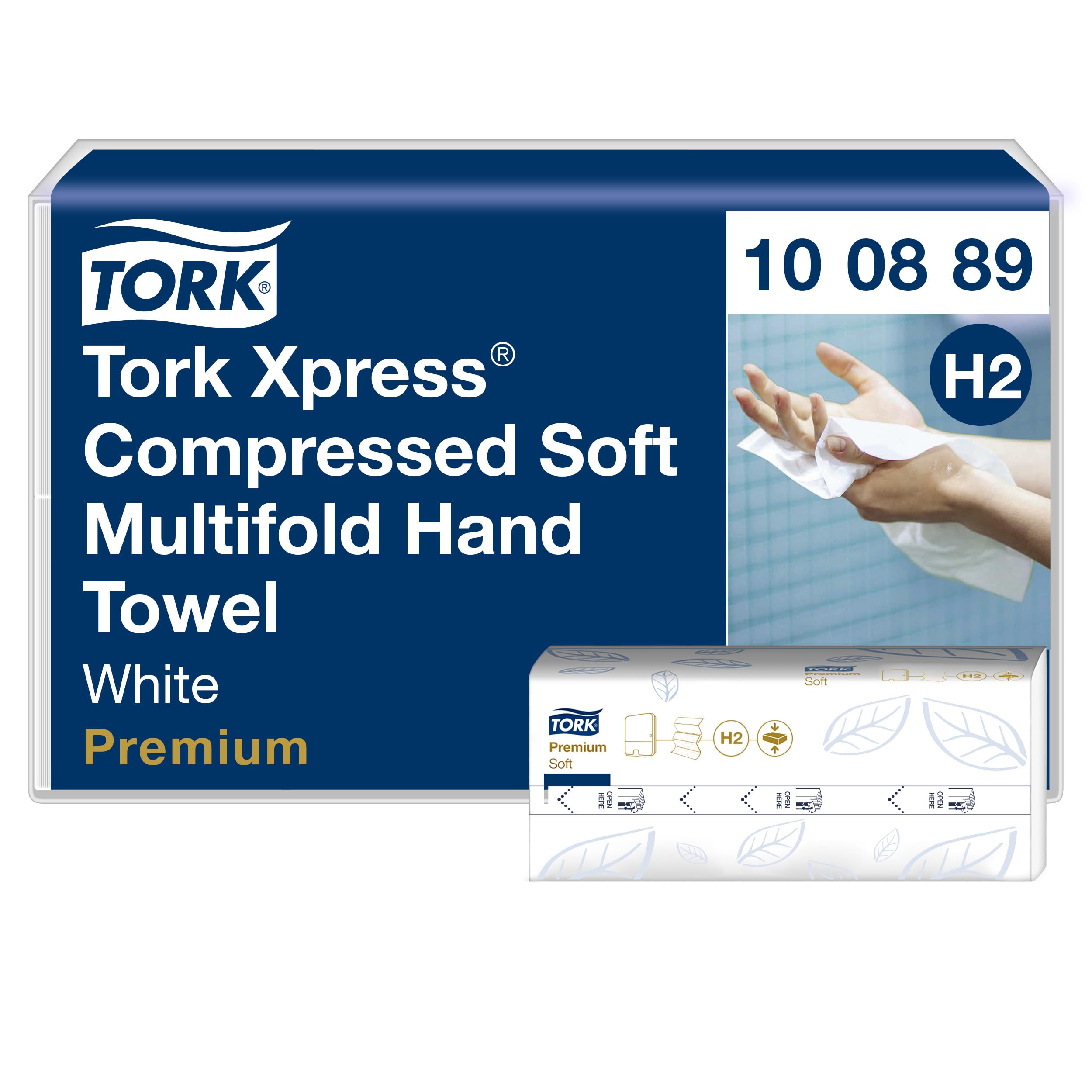 Tork Xpress : essuie-mains en papier souple compressé Multifold, blanc H2, gamme Premium, 2 épaisseurs, pliage en Z, absorbants, 12 x 225 essuie-mains, 100889