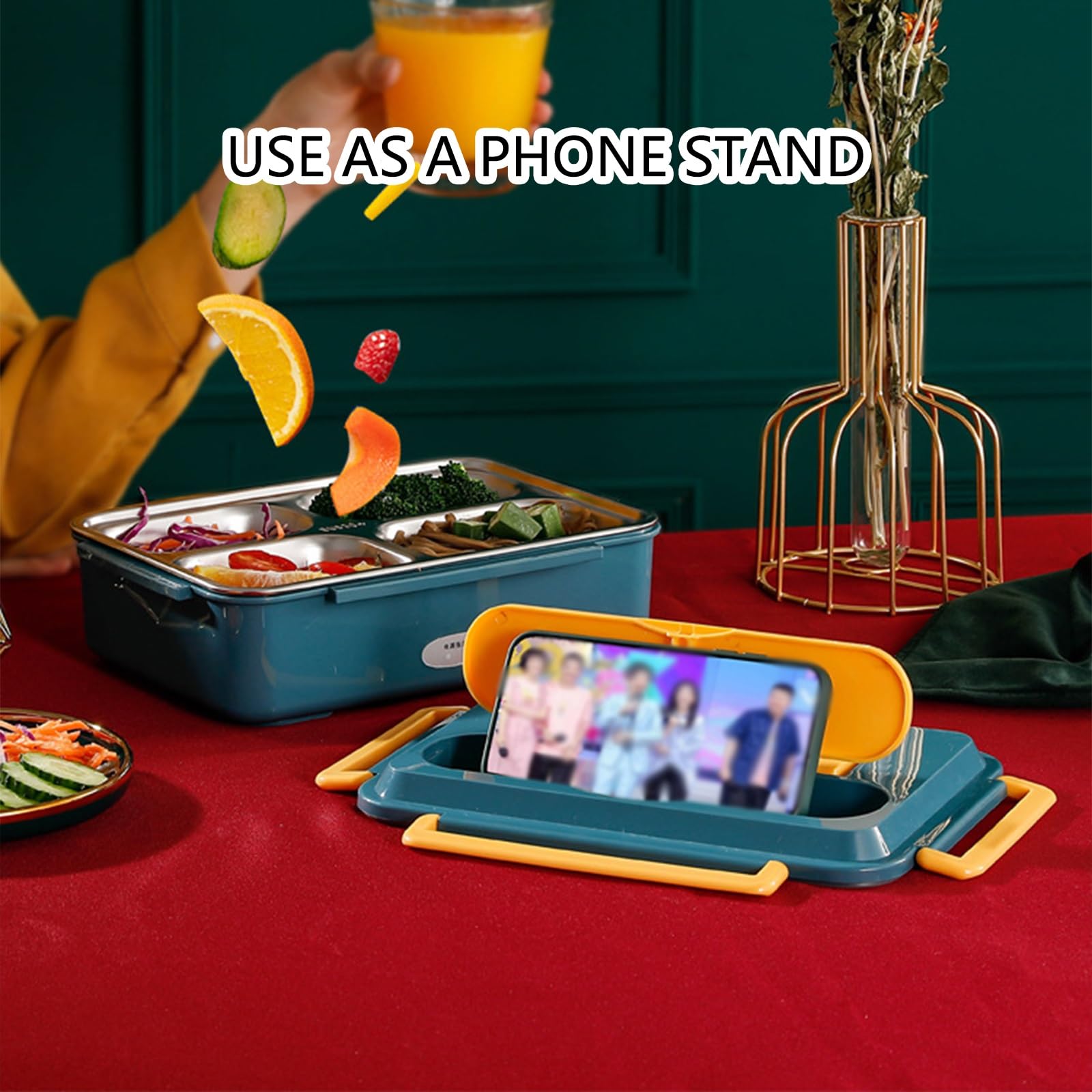 Auslaufsicherer,Elektrischer Lunchbox mit Innenbehälter aus Edelstahl 304 | Leicht zu Reinigen,inklusive Besteck,geeignet for den Einsatz im Büro(Blue,Three-compartment)