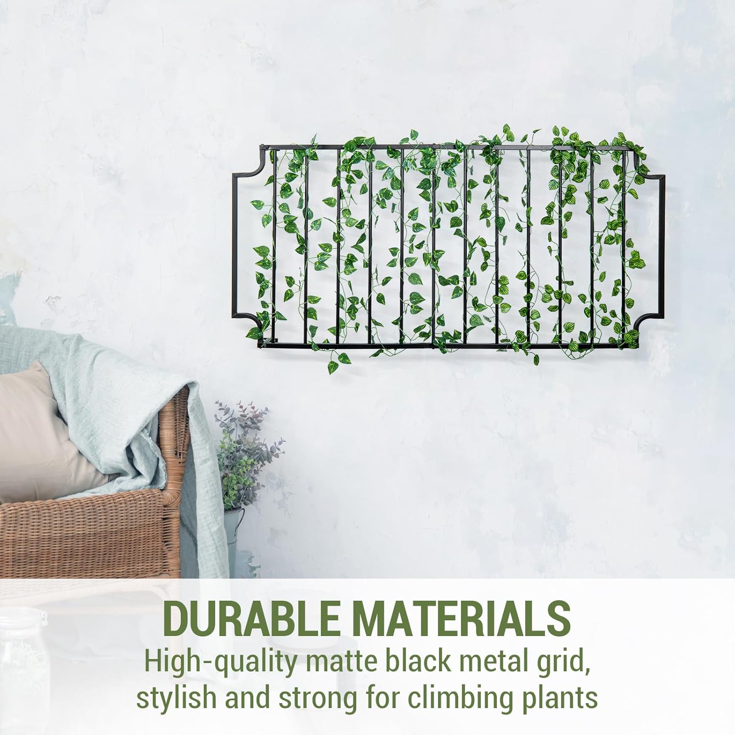 MyGift 4 Foot Tall Garden Trellis Vintage Framed Matte Black Metal Wall Mounted Horizontal Bars Trellis, Outdoor Hanging Support Frame for Climbing Garden Plants and Crawling Vines