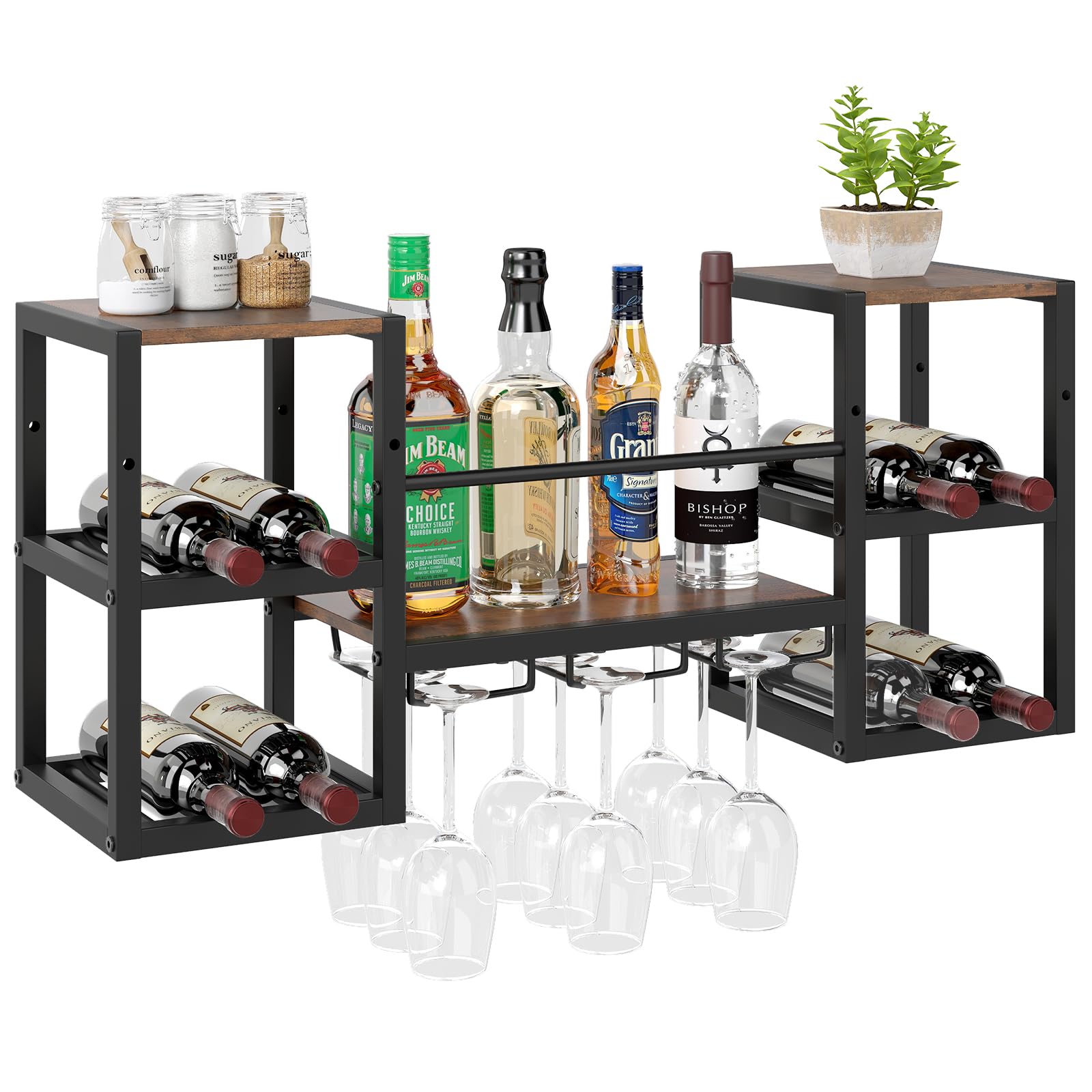 COSTWAY Portabottiglie da Parete con Porta Bicchieri, Struttura in Metallo per 8 Bottiglie con Ripiano Aperto, Scaffale da Muro a 3 Livelli per Sala da Pranzo e Cucina, 89 x 25 x 40 cm