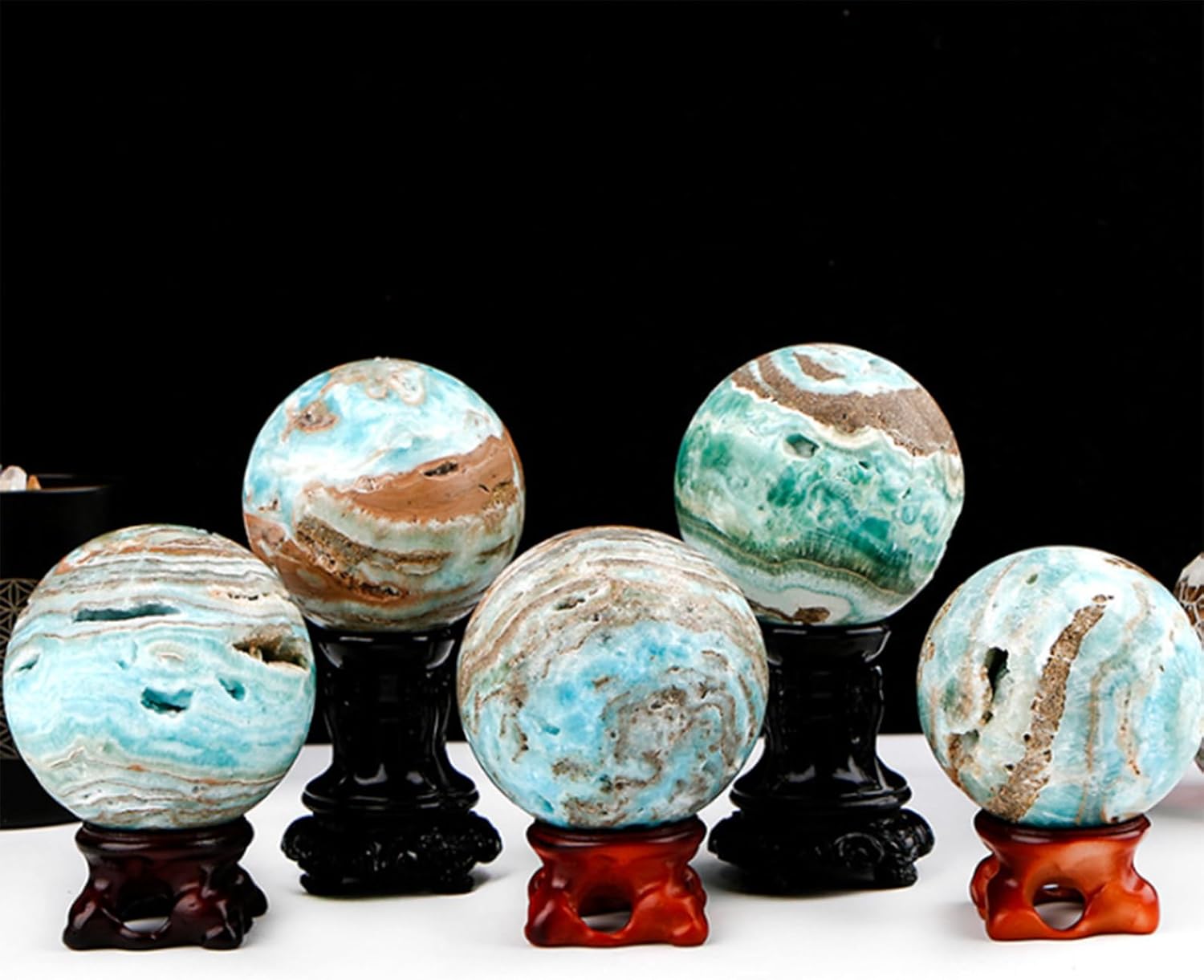 Blue Hemimorphite Stone Crystal Ball Ornament with Stand, Blue Pattern Sphere for, Home & Office Feng Shui Decor,70~80mm