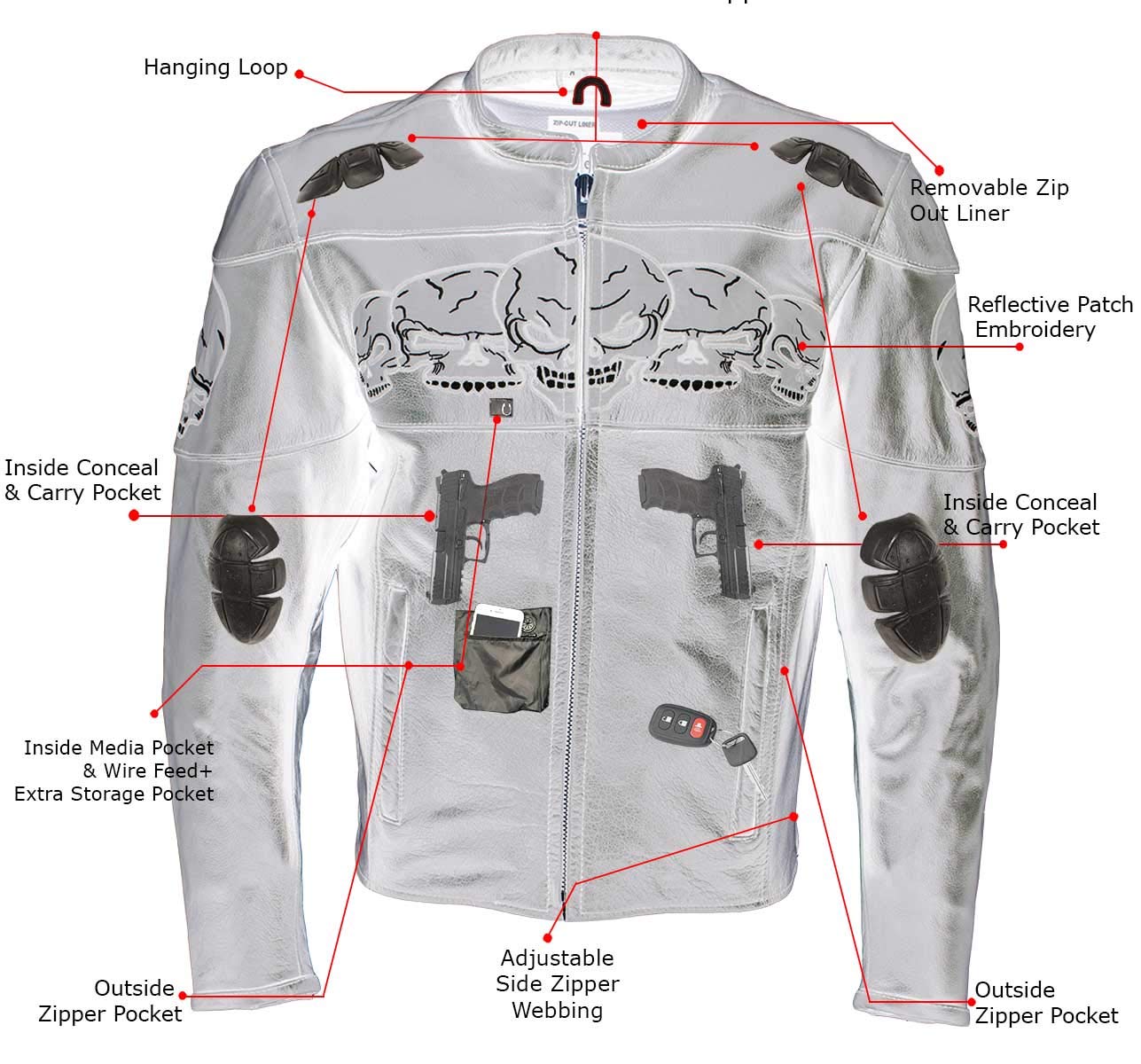 Xelement 3 Skull Head Black Leather Motorcycle Jacket with X-Armor Protection — view 3