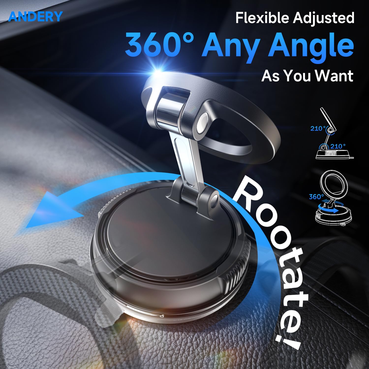 ANDERY Soporte para teléfono de coche para Magsafe [78+LBS de succión más fuerte y 2400gf magnético] Montura de teléfono de coche ajustable en 360°, soportes de teléfono para tu coche para iPhone 17