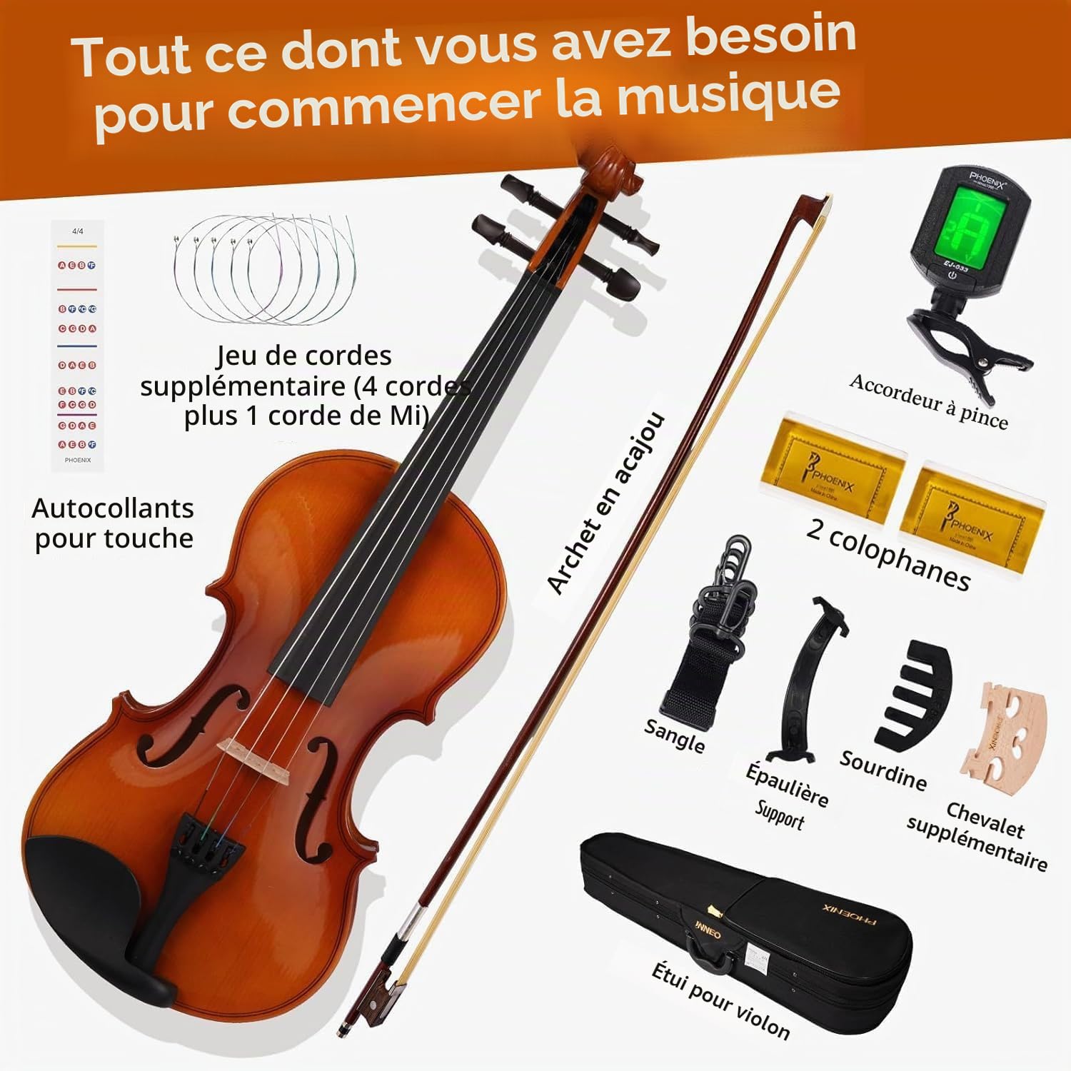 PHOENIX Violon 4/4 adulte Kit complet pour, Ensemble de Violon Pour Débutants Adultes Avec archet En Bois de Rose, Cordes et Chevalet Supplémentaires,Une Série D'accessoires (Natural color,Full)