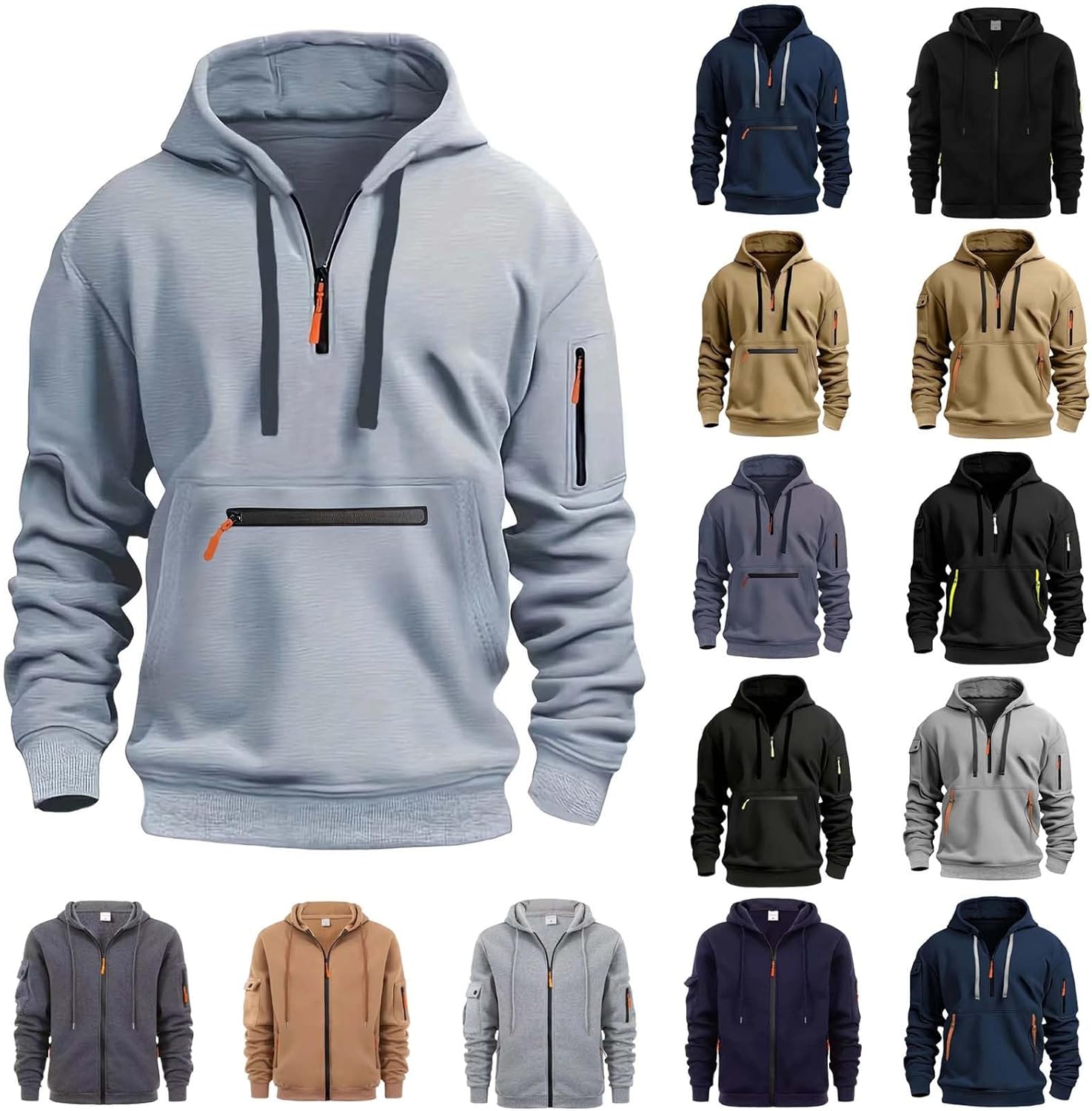 Yubnlvae Sweatshirt for Men Hoodie Casual Pullover Sports with Multiple Zippers, Arm Pockets, Drawstring Hoodies Fall Tops