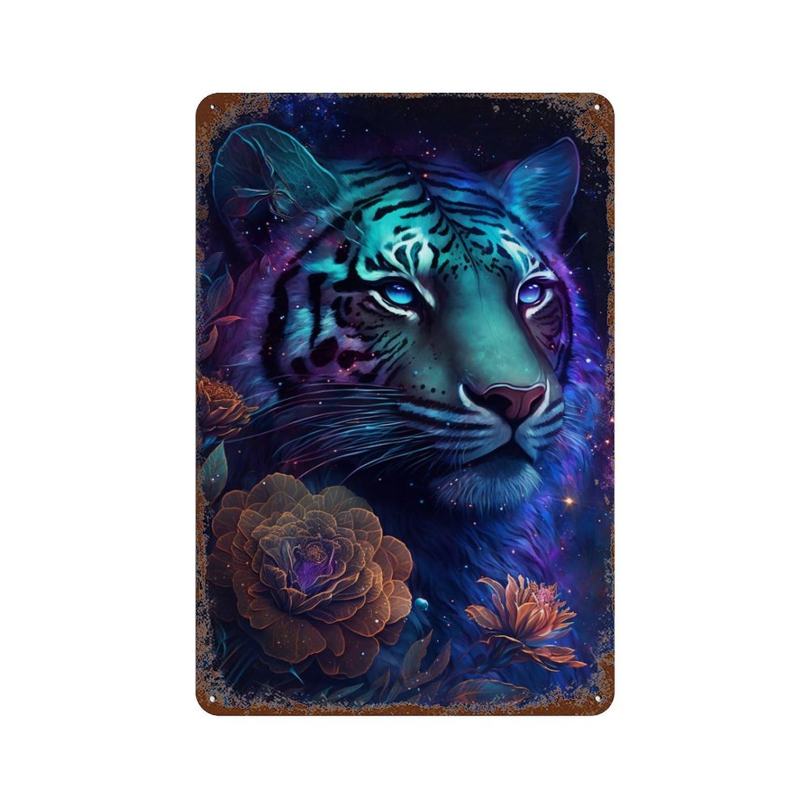 Glowing Tiger Fantasy Artwork Retro Metal Sign 11.8"x7.9", Farmhouse Wall Decor for Garage, Pub Or Kitchen