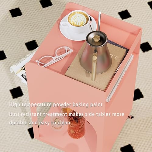 Miniatura 7 de BUZUEY Mesa auxiliar, mesita de noche moderna, mesita de noche, mesa de metal con almacenamiento de 3 niveles y ruedas para sala de estar,