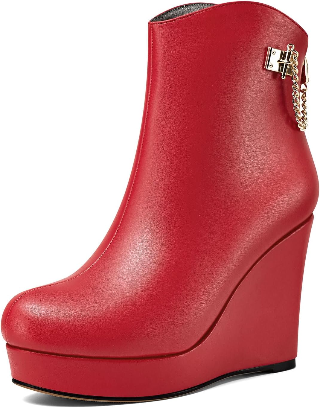 Castamere Womens High Wedge Platform Heel Round Toe Ankle Boots Short Bootie Zipper Metal Chain Slip-on Dress 3.9 Inches Heels