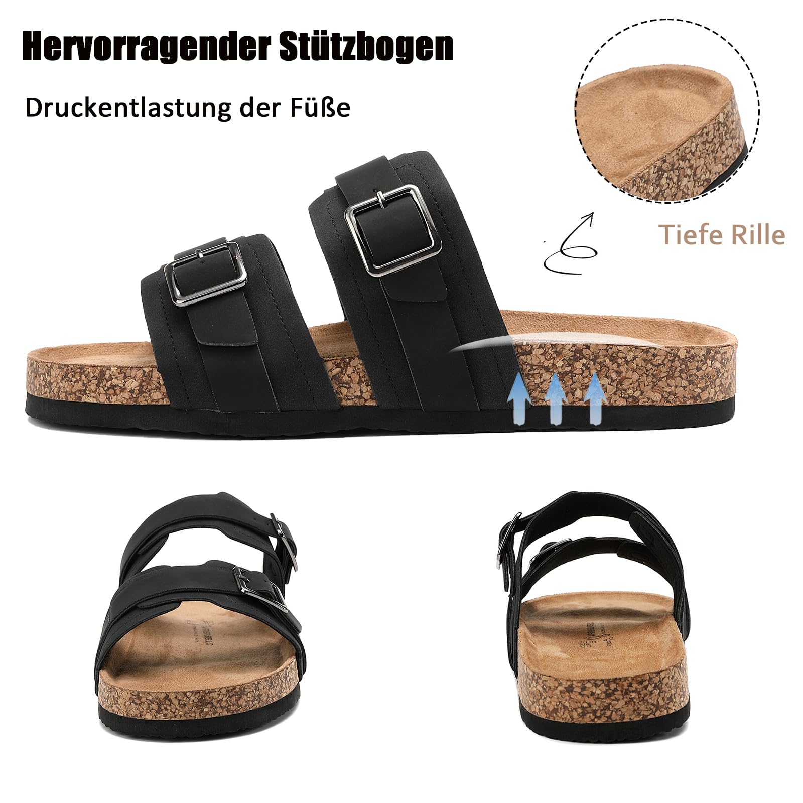 ARRIGO BELLO Mules Hombre Sandalias de Cuero Punta Abierta Hebillas Ajustables Zapatillas de Corcho Cómodas Antideslizantes EU41-46