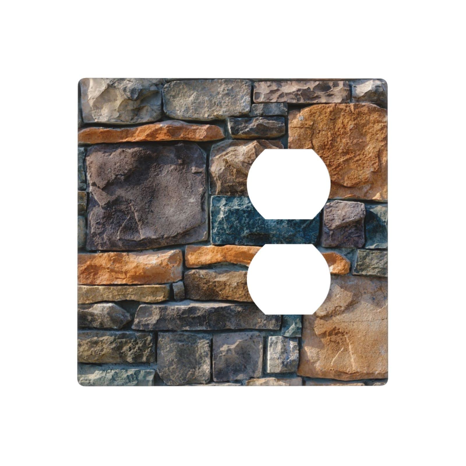Farmhouse Stone Texture Pattern Decorative 1 Blank Duplex Outlets Wall Plate Cover for Electrical Combination Receptacle 2 Gang Personalized Device Accessories Decorate