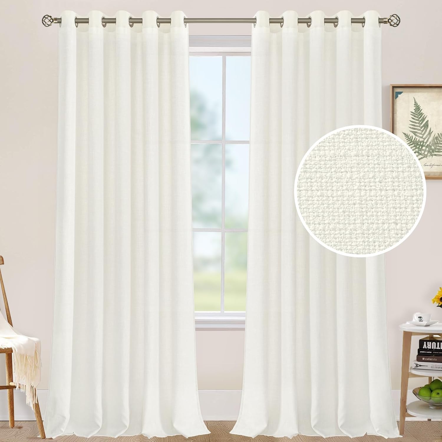 Cream White Linen Curtains for Bedroom, 84 Inch Natural Light Filtering Privacy Window Panels Grommet Faux Linen Textured Sheer Drapes for Living Room, Set of 2 Panels, 60 x 84 Inch 60W x 84L Ivory