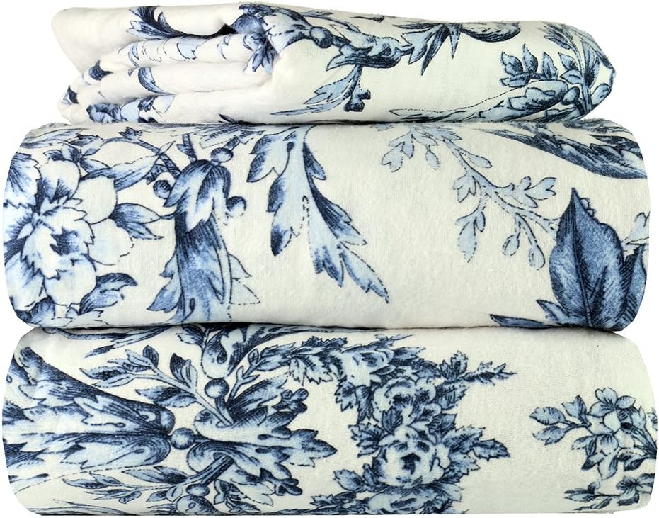 AM Home Fashion Piece 100% Soft Flannel Cotton Bed Sheet Set – Queen/King Size – Patterned Bedding Covers – 1 Flat Sheet, 1 Fitted Sheet, 2 Pillow Cases - Fade Resistant Designs, (Toile, Queen)
