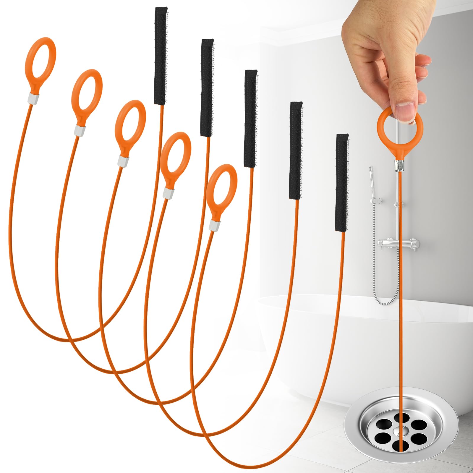 HOTUT 32 Inch Metal Sink Snake,5 Pack Steel Snake Drain Hair Removal Tool,Hair Sink Drain Clog Remover,Plug Hole Cleaning Brush for Bathroom Sink Tub,Shower,Plumbing Drain(Orange)
