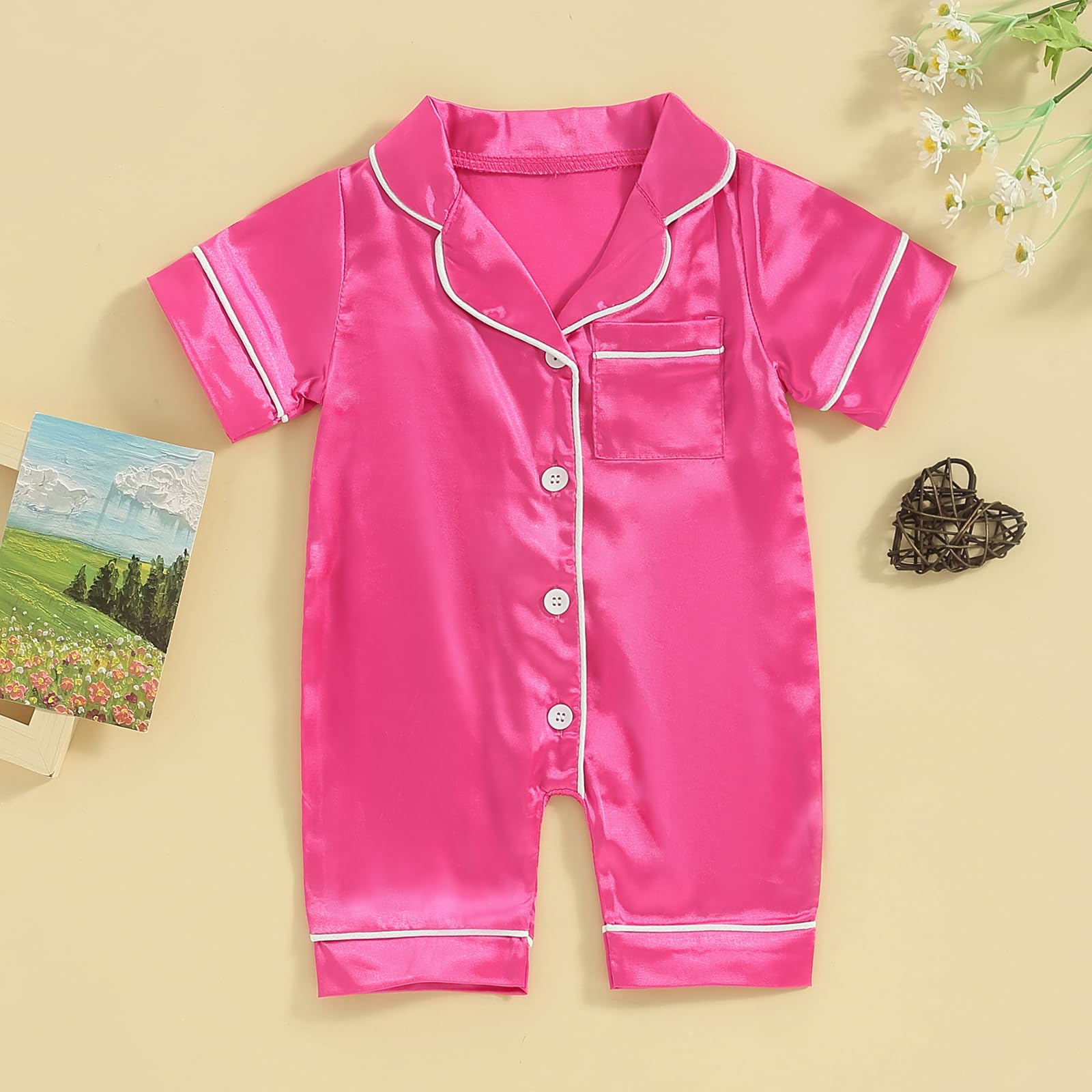 Multitrust Newborn Baby Girl Boy Silk Pajamas Rompers Button Down Short Sleeve Satin Infant Pjs One Piece Jumpsuit Shorts (Rose Red, 0-3 Months)