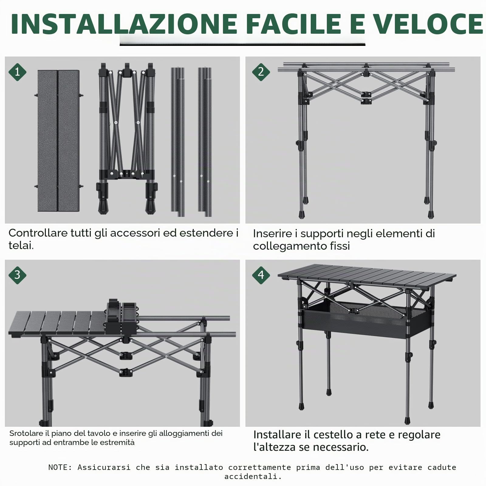 JiGiU Tavolo Pieghevole da Esterno 70 cm Nero Regolabile in Altezza-Design a Pacchetto Compatto con Rete Portaoggetti, per Campeggio, Giardino, Spiaggia e Picnic