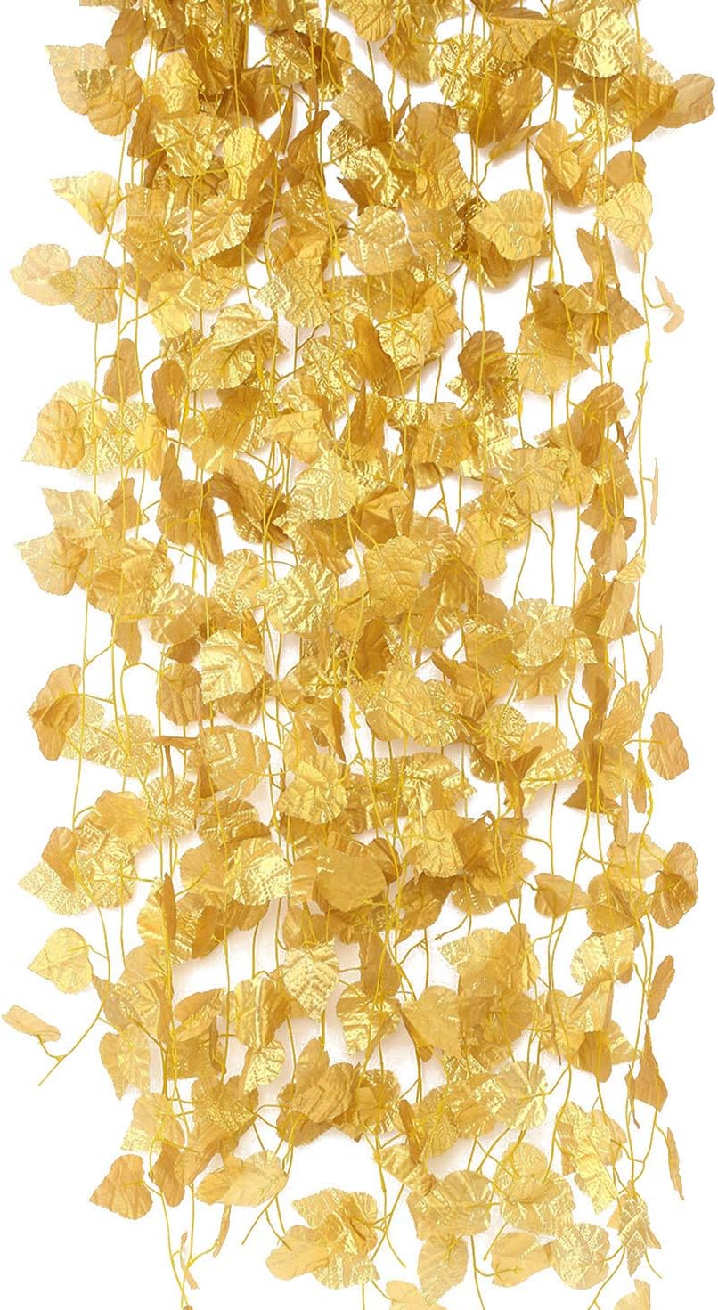 Artificial Golden Grape Leaves Vine Fake Hanging Garland Plants Greenery Ivy for Wedding Party Garden Outdoor Christmas Decoration Pack of 12