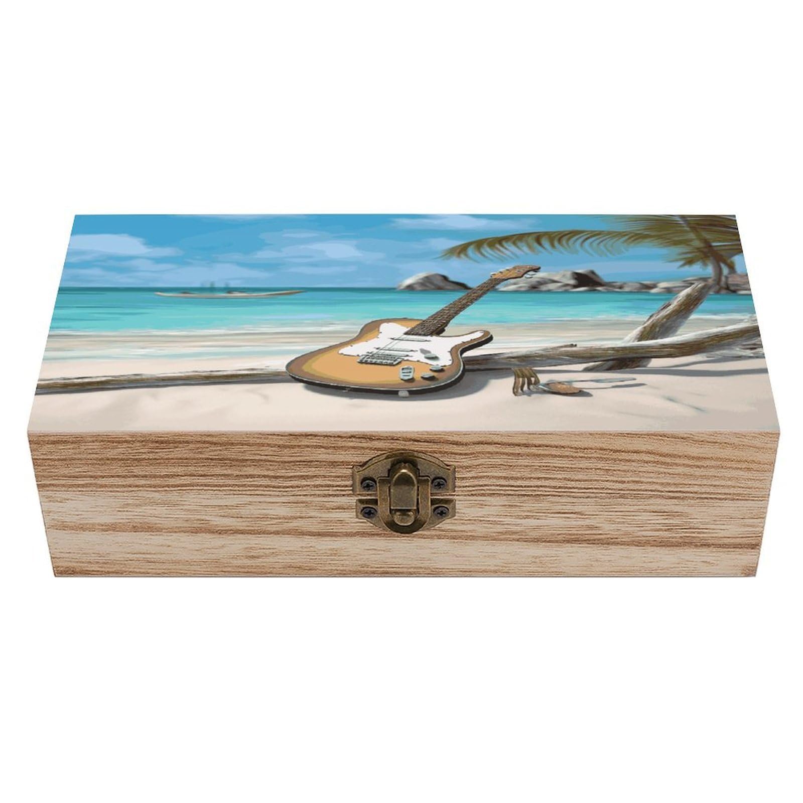 Btcowzrv Style Guitar On The Beach Wooden Storage Box, Keepsake Box With Hinged And Retro Lock, Wood Jewelry Organizer For Photos & Mementos And Home Decor