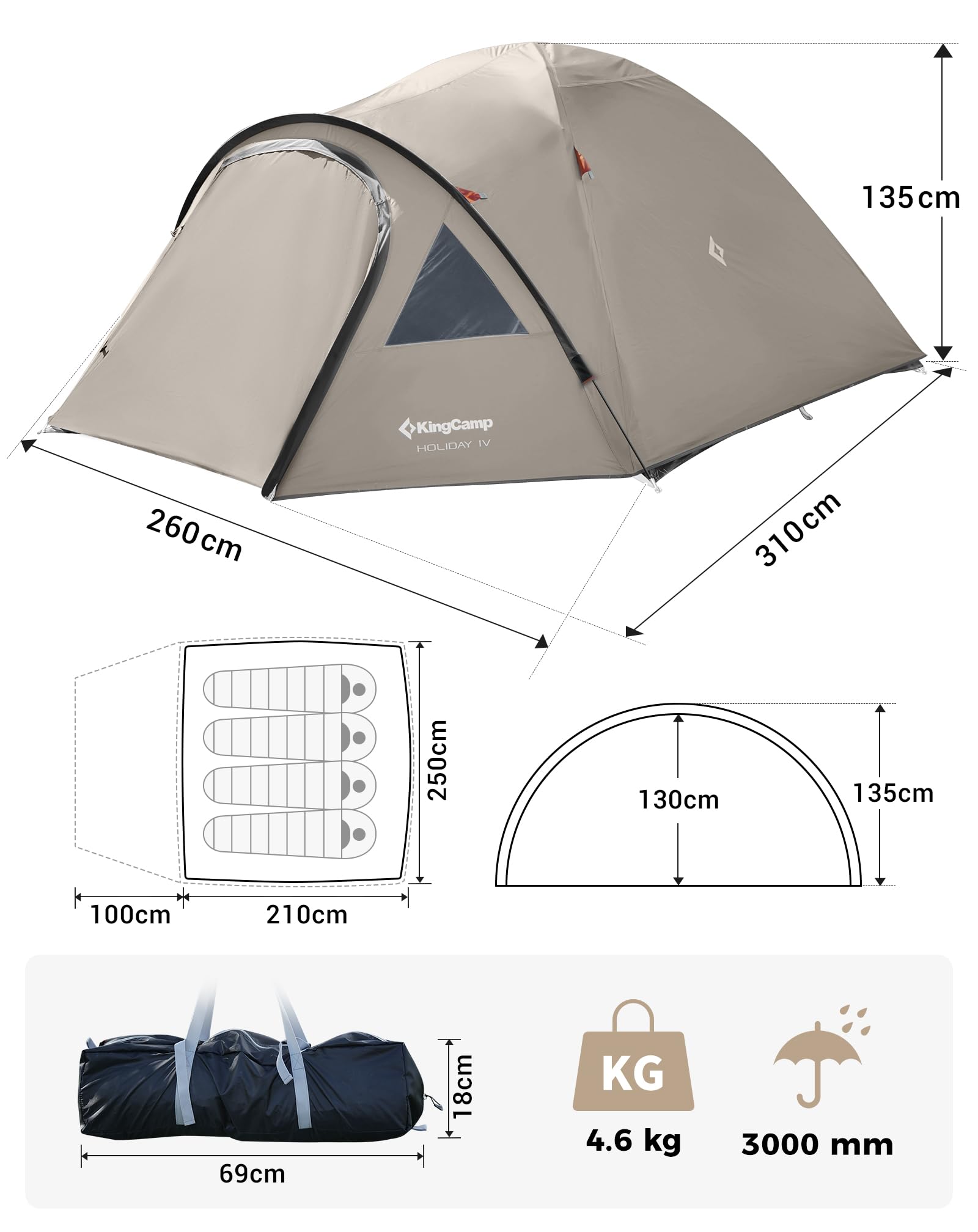 KingCamp Zelt 4 Personen, Geräumiges Camping Zelt mit Vorraum & PVC-Fenster, Einfach Aufzubauendes Doppelzelt, 3000mm Wasserdichtes Zelt, Leichtes Kuppelzelt für Outdoor Garten Camping