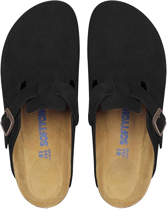 SOFTYOHO Clogs for Women Men, Mules with Arch Support and Adjustable Buckle, Suede Leather Cork Footbed Potato Shoes