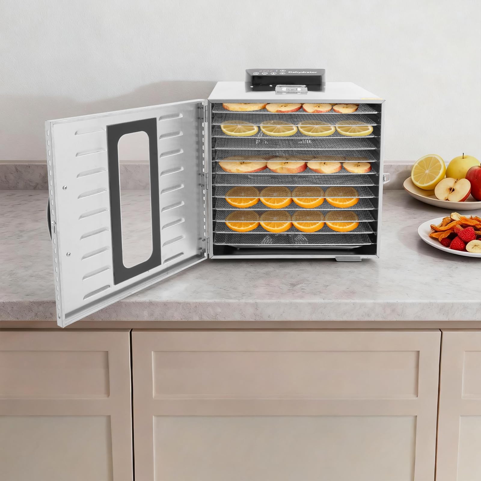 Déshydrateur en acier inoxydable 12 niveaux 1000W 30-90°C | 12 grilles et ventilateur de séchage à 360° avec minuterie pour fruits, légumes, herbes, viande et noix