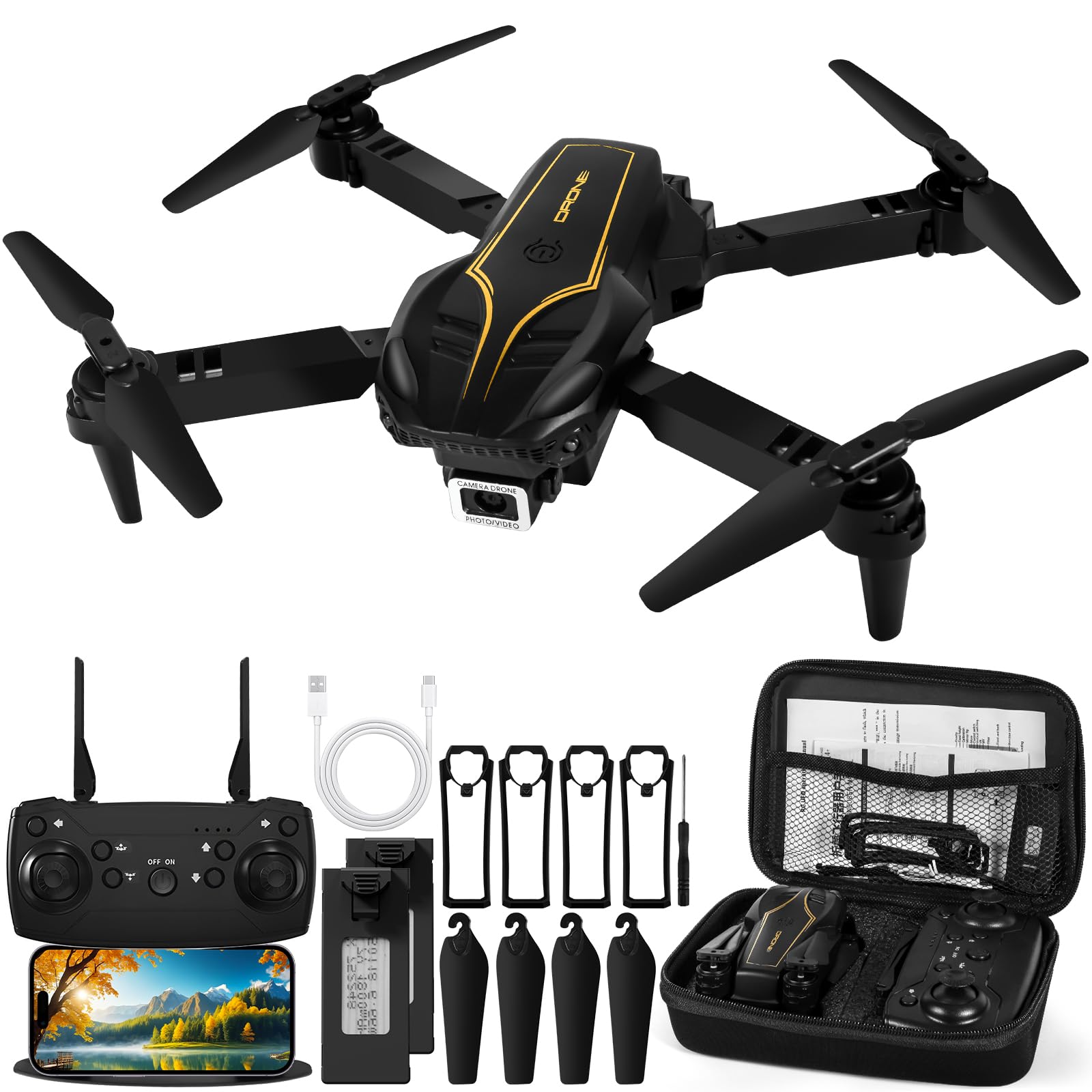 Dron con Camara1080P para Niños y Adultos,Drone FPV de Vuelo/Altitud Retención RC Quadcopter para Principiantes,Juguetes Regalo para Niños para Adultos y Principiantes (Black)