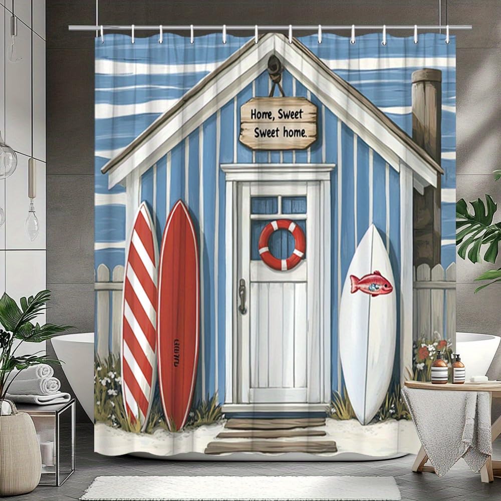 GLWDMB 1 Piece 150x180CM Beach-Themed Surfboards and Life Preserver Printed Shower Curtain With Hook, Polyester, for Windows And Walls, Bathtub, Bathroom, Machine Washable, All Season Universal