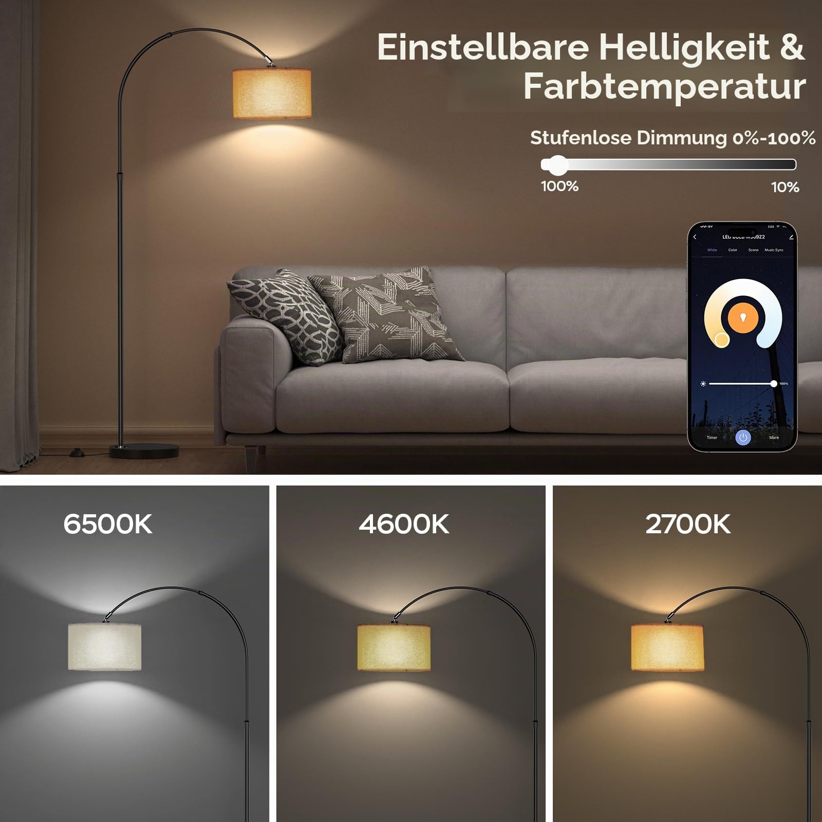 ANTENLICHT LUNA Bogenlampe Wohnzimmer Stehlampe Vintage, Inklusive LED E27 | Standleuchte mit Beige Stoffschirm I funktioniert mit Alexa und Google Home I RGB Stehleuchte Dimmbar für Schlafzimmer