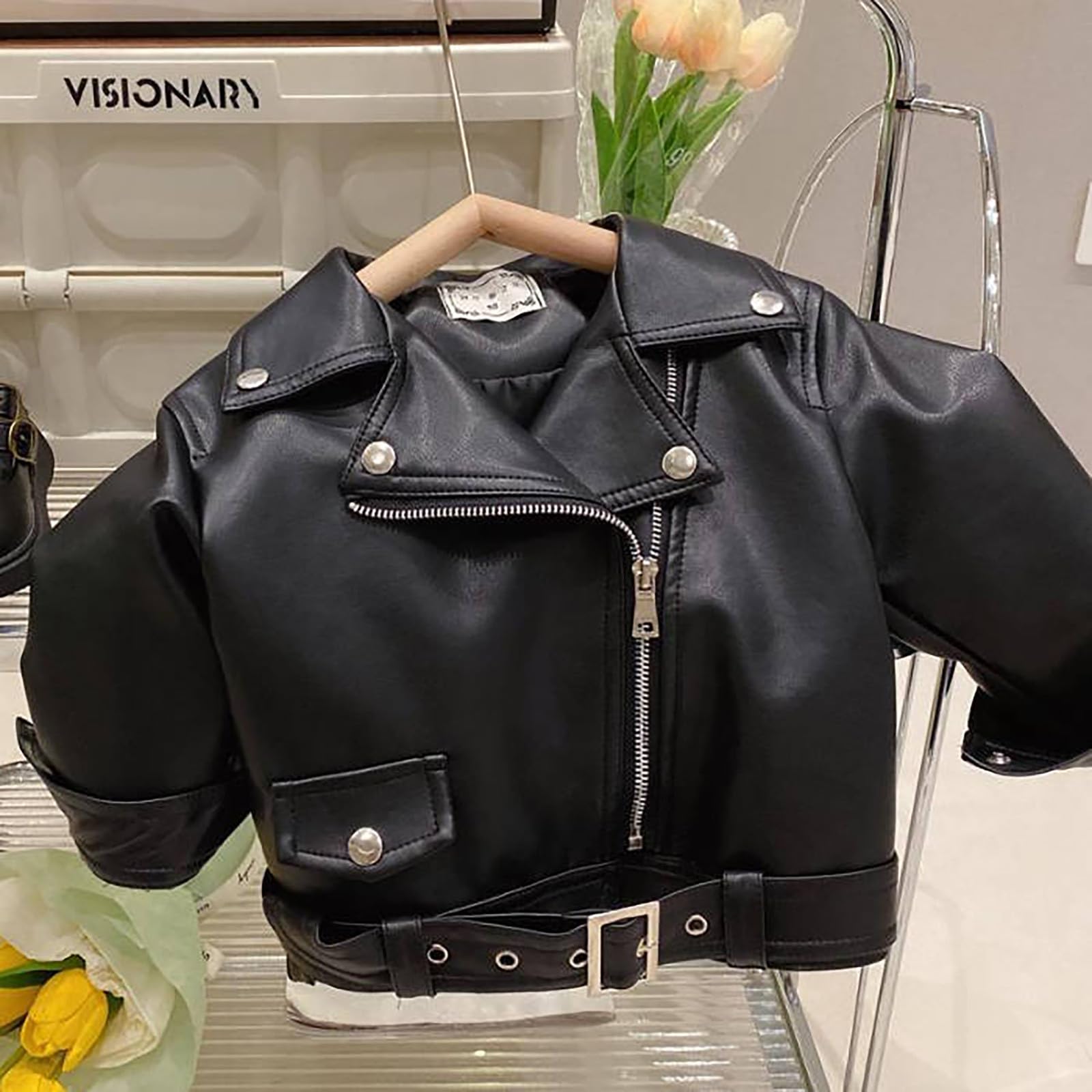 Ropa de bebé 74 80 Niñas Motocicleta Bastante Estilo Fresco Gran Solapa Cremallera Chaqueta de Cuero Chaqueta 2024 Otoño E Invierno Top Niños Chaleco
