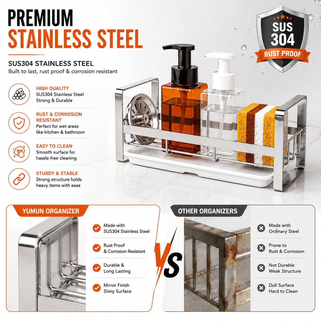 YUMUN Extra Large | Sink Organizer |(30x9.5x9.5 cm) | Kitchen Sink Organiser | Soap Stand for Kitchen | Stainless Steel Sink Caddy | Dish Wash Holder | Basin Organizer | Kitchen Accessories 4