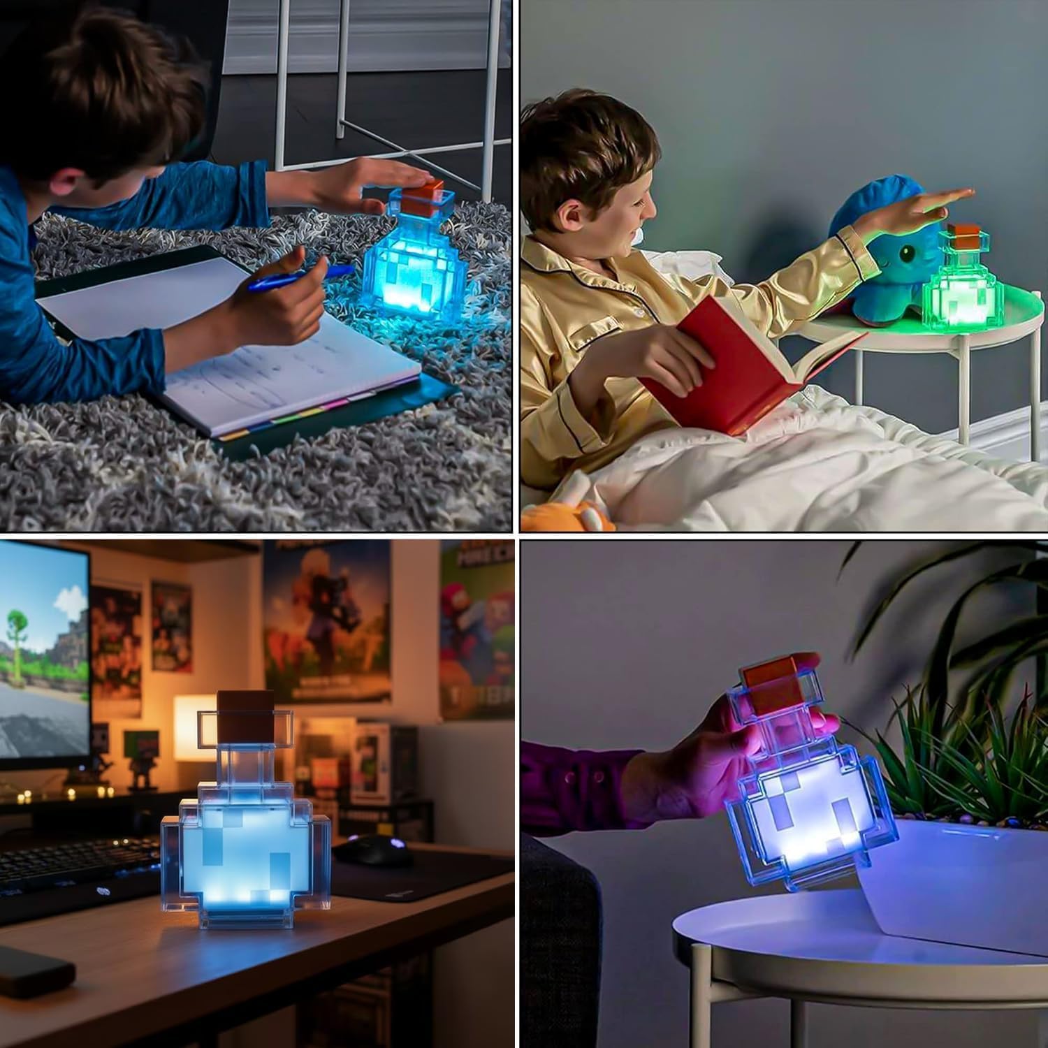Pixel Style Potion Bottle Lamp 15 Color, Interactive RGB Night Light with Shake Activated Color Changing, USB Rechargeable Magic Potion LED Desk Lamp for Room Decor, Kids Boys Gaming Fans Gifts