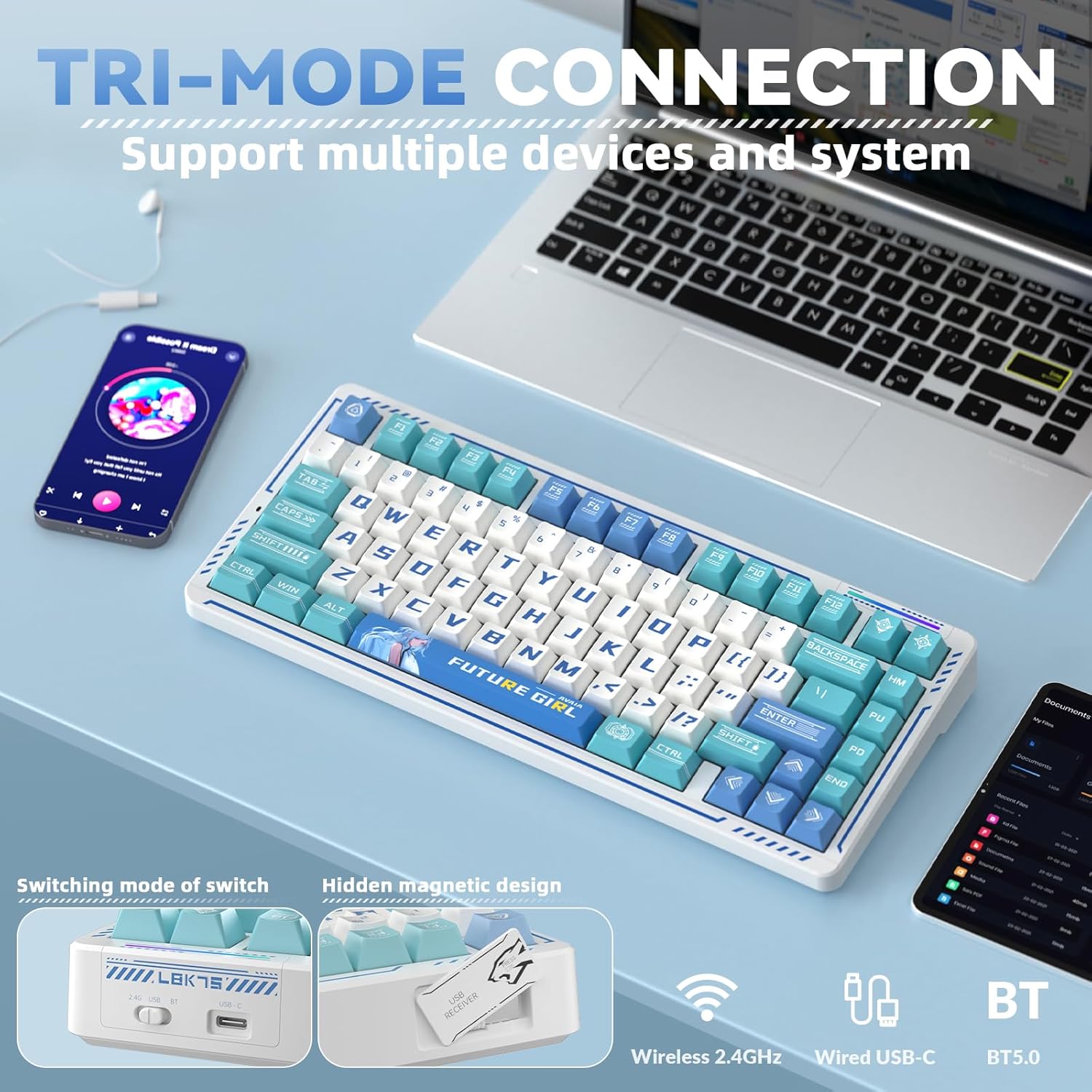 LINGBAO K75 Wireless Mechanical Keyboard, 75% Anime Gaming Keyboard with 10000mAh Battery, Hot-Swappable Pre-Lubed Switches, RGB Backlit, PBT Keycaps, Creamy Sounding Computer Keyboards for PC/Mac/Win - Image 3