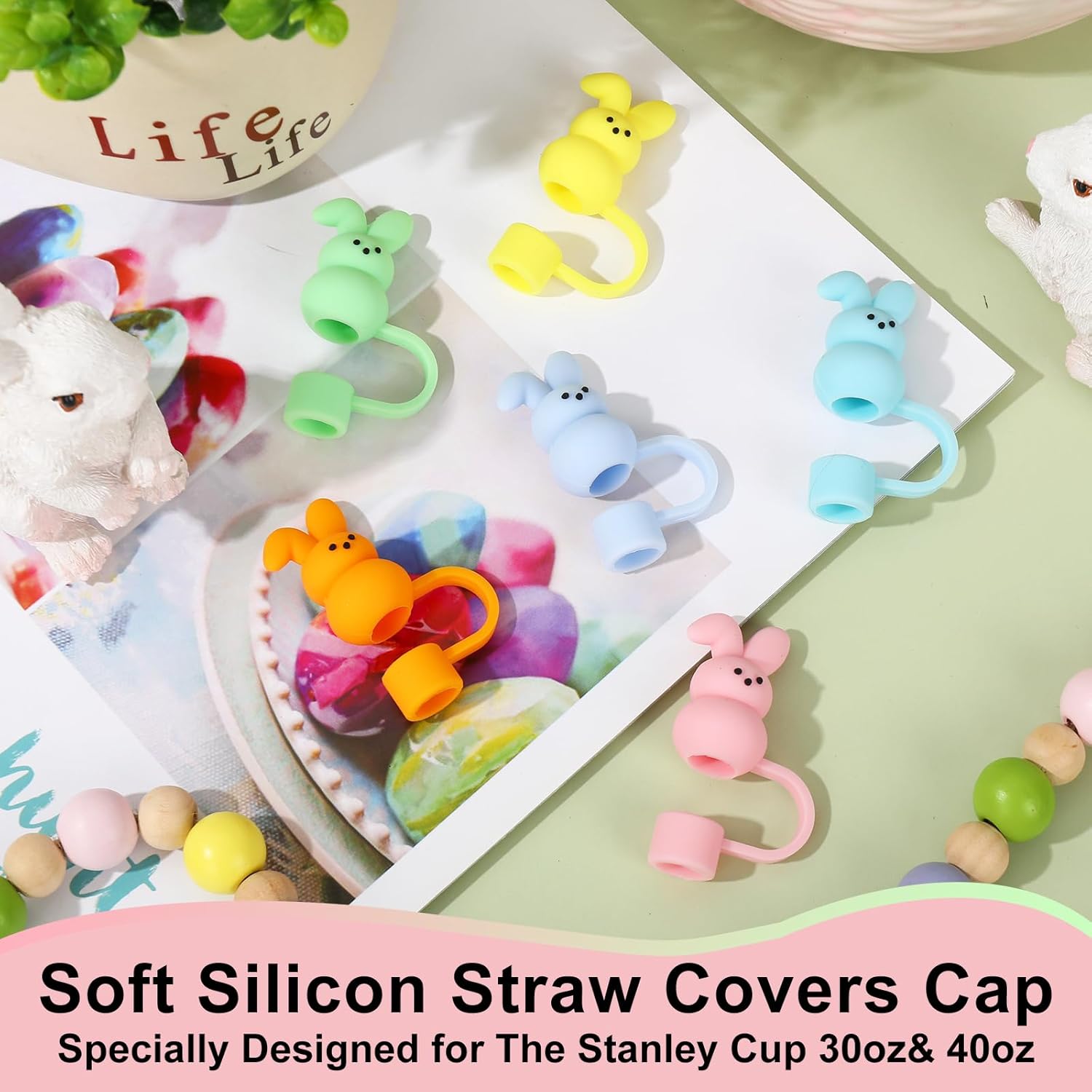 Whaline 6Pcs Easter Straw Cover Cap Spring Pastel Bunny Reusable Silicone Straw Topper Cute Animal Colorful Rabbit 10Mm/0.4Inch Straws Tip Lid Protector for 30/40Oz Tumbler Cup Accessories - Image 3