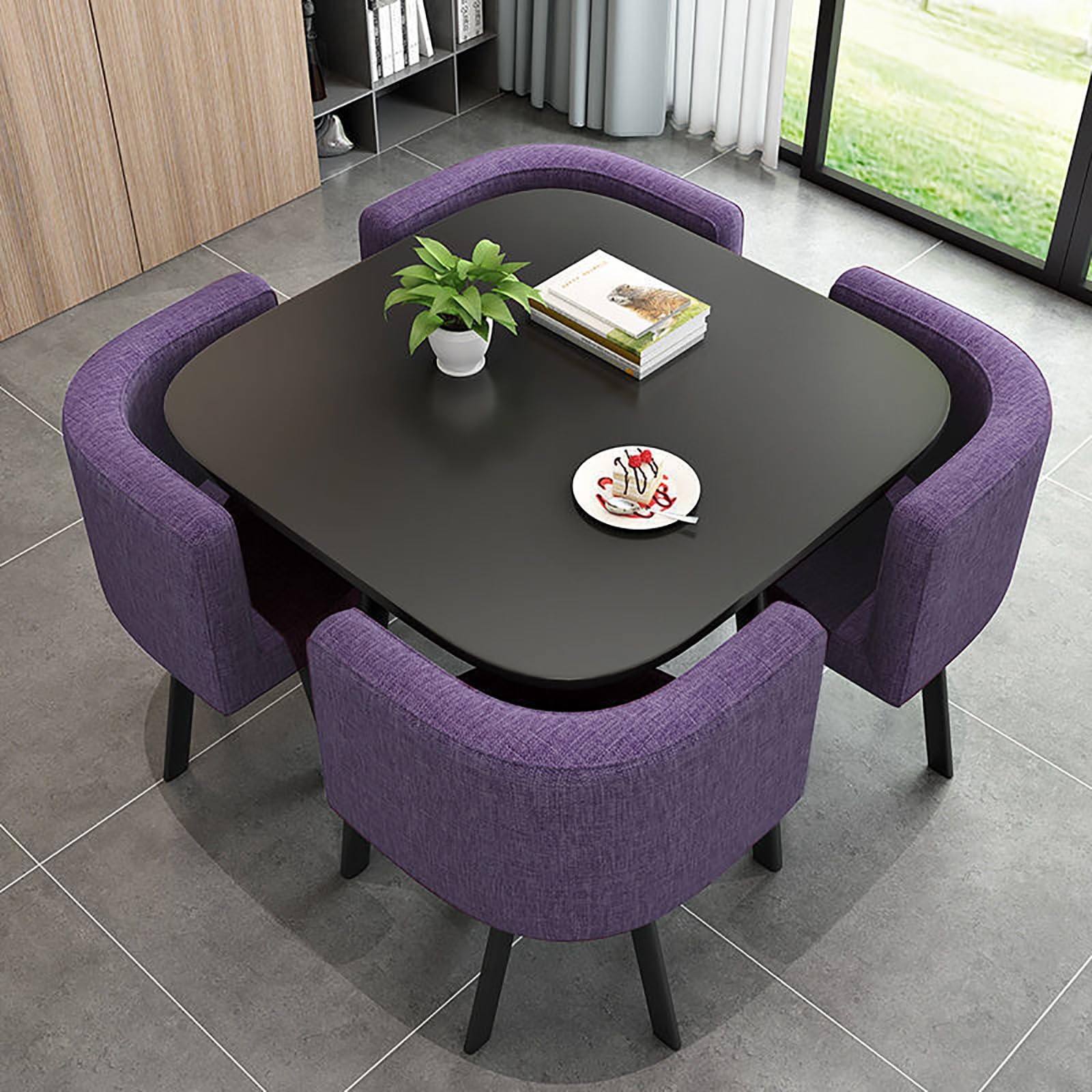 ASerZenith Space-Saving Dining Table Set Square With 4 Chairs Modern Kitchen Conference Table For Breakfast Reception Bar,Purple-80Cm/31.5Inch