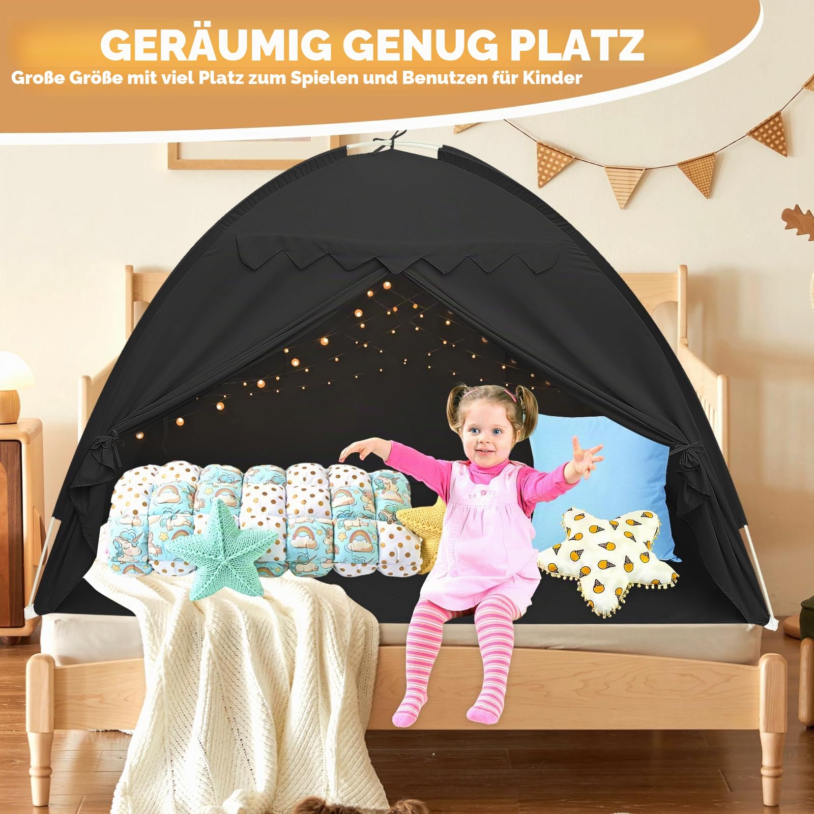 Kinder Bettzelt 196x98x125cm Kinderzelt mit Fenstern Bett Baldachin Zelt Vielseitig Robust Groß Spielzelt Kinder für Bett Schlafzimmer Kinderzimmer Drinnen Draußen (schwarz)