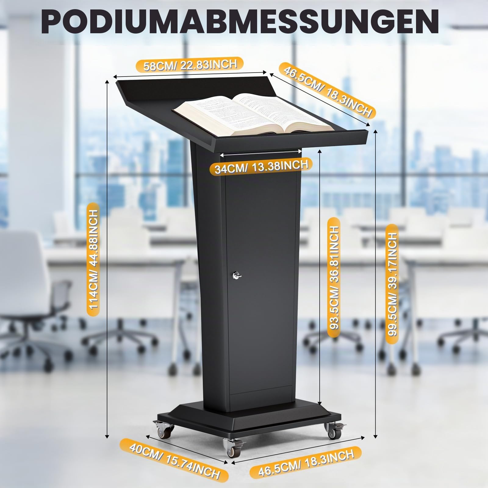 Metall Podium mit großem Aufbewahrungsschrank, Rednerpult mit 360°-Drehrollen, Kirche Kanzel mit Verdickt Breiter Leseplattform, Stabilität Podium Ständer for Kirche,Klassenzimmer(58x46.5x114cm)