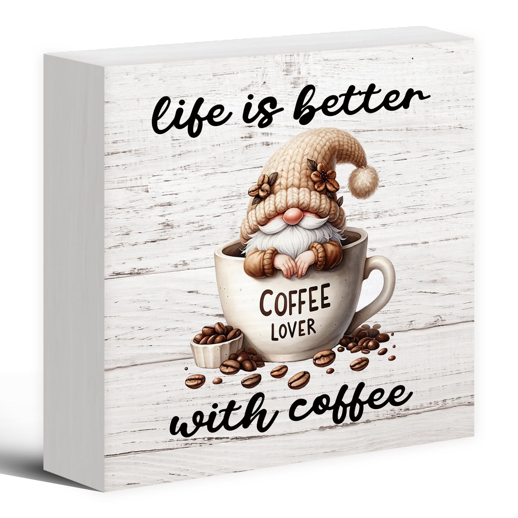 Luipk Caja de madera rústica de gnomos de café, decoración de escritorio, regalo para amantes del café, la vida es mejor con café, decoración de bloques de madera para cocina, cafetería, bar,