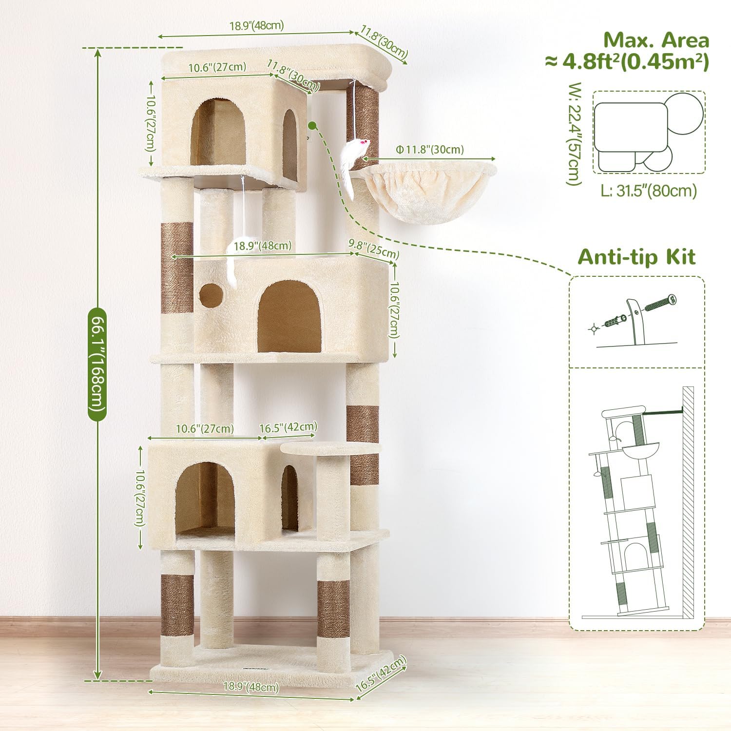 Globlazer Corner Cat Tree 66 inch Multi-Level Climbing Tower Kitty Condos Cat Scratching Tower for Indoor Multiple Cats with Large Platform, 3 Cat Caves, F66, Beige