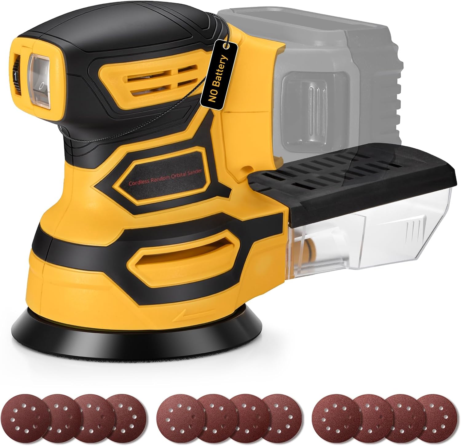Cordless Random Orbital Sander for Dewalt 20V Battery, Yellow | Brushless 5-Inch Sander with 6 Variable Speeds, 6000-12000 OPM,12 Sanding Discs (Battery Not Included)