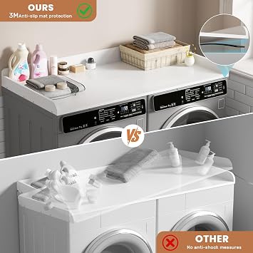 DTK Washer Dryer Countertop, Wood Topper with Edge Rails, Washer and Dryer Countertop with Anti-Slip Strips, 54 Width x 27.5 Depth Cover for Laundry Room Organization and Storage, White