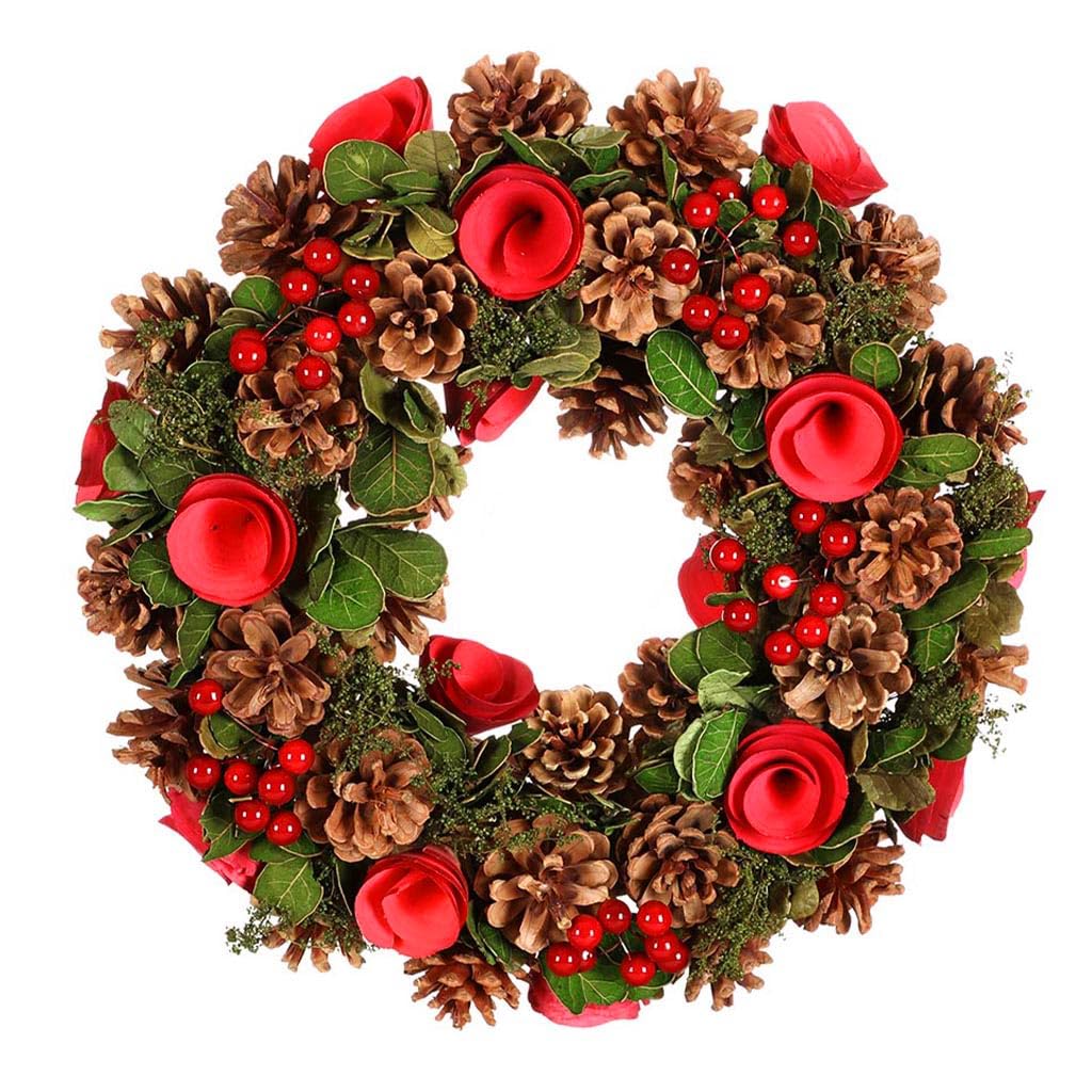 14" Decorated Red Rose & Pine Cone Artificial Winter Wreath (BJ92)