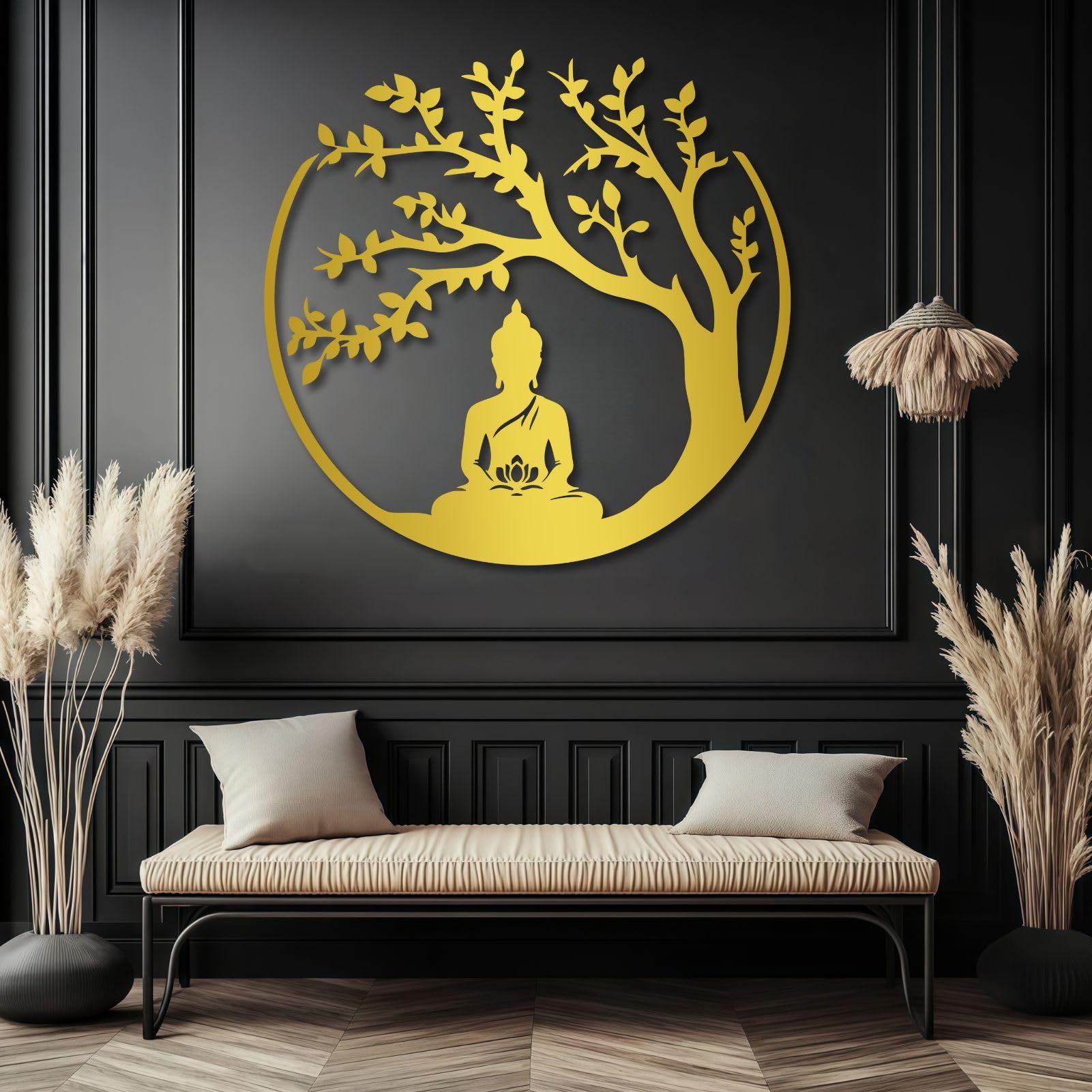 Décoration Murale 3D en métal représentant l'arbre de Vie et Bouddha, Art et méditation Zen pour Salon, Chambre ou Salle de Yoga (Noir, 70 x 69 cm)