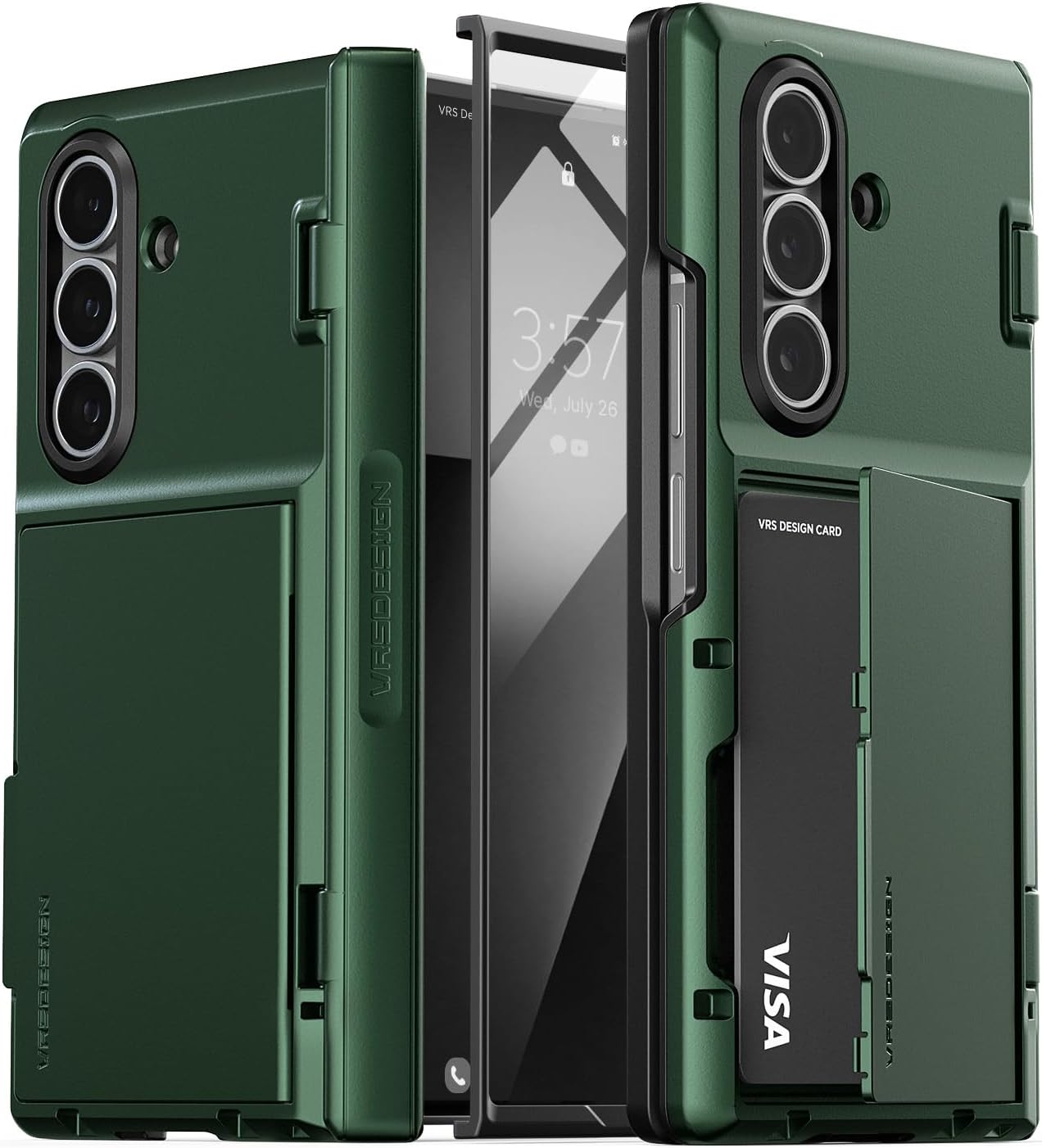 VRS DESIGN Phone Case for Samsung Galaxy Z Fold 7 (2025) [Terra Guard Modern GO] Wallet Case Holds 2 Cards, Hinge Protection with Built-in Screen Protector (Metallic Green)